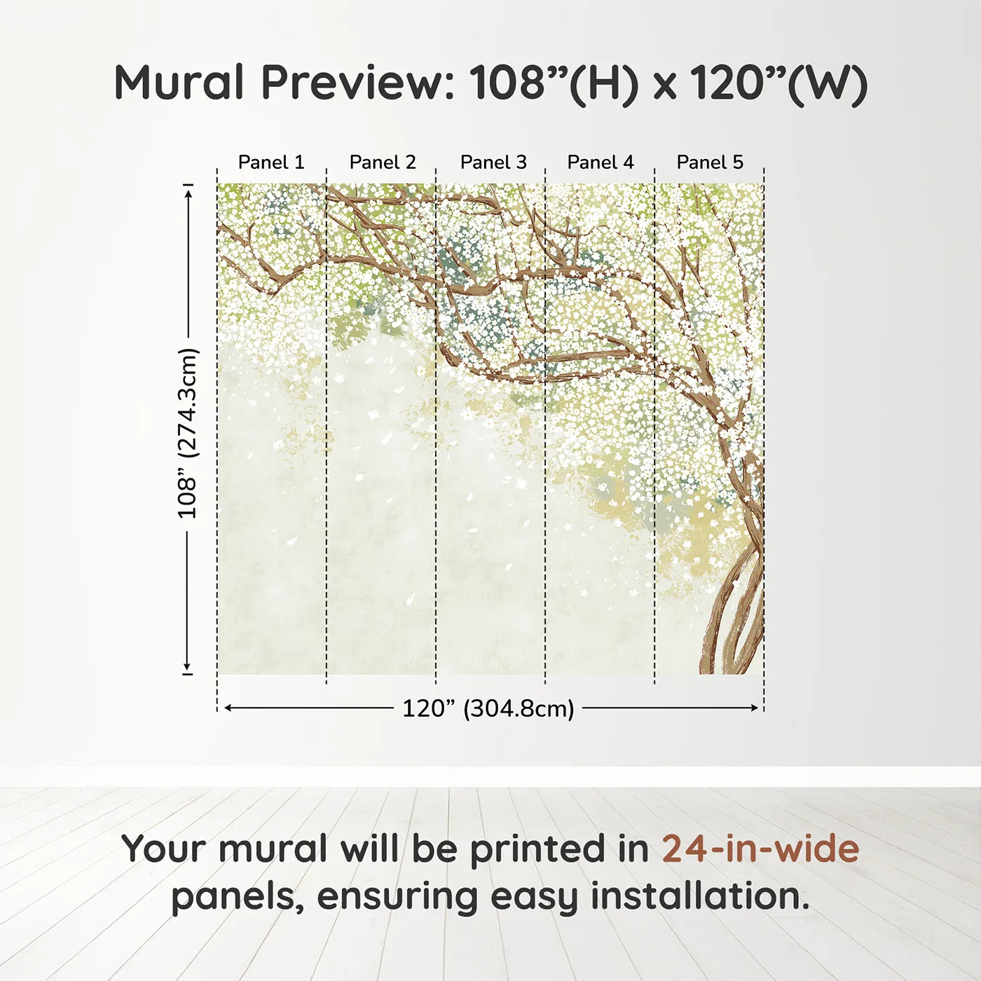 Whimsy Tots White Blossom Canopy Wall Muraldimension view (108" H x 120" W). Printed in five 24-inch-wide panels. Gender-Neutral