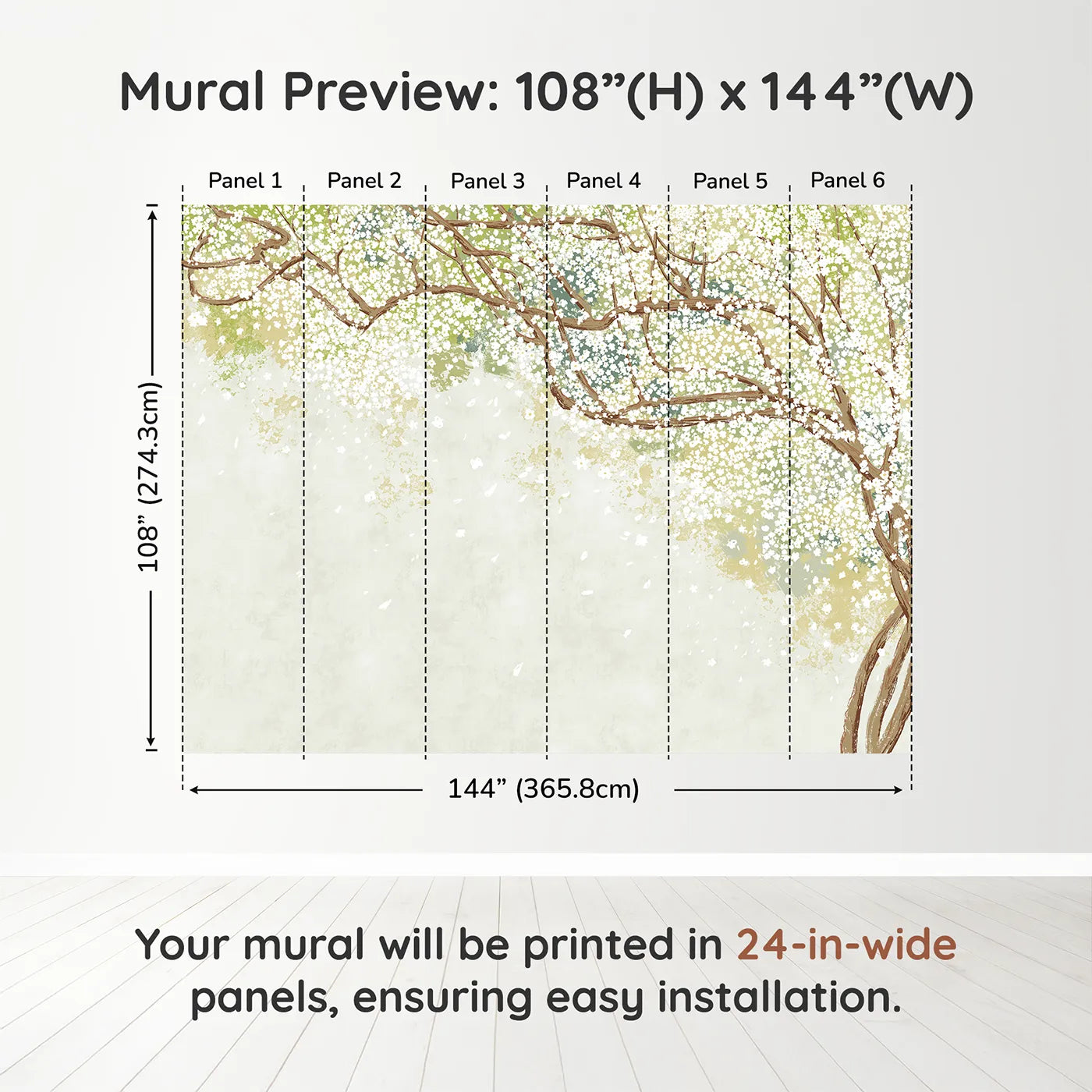 Whimsy Tots White Blossom Canopy Wall Muraldimension view (108" H x 144" W). Printed in six 24-inch-wide panels. Gender-Neutral