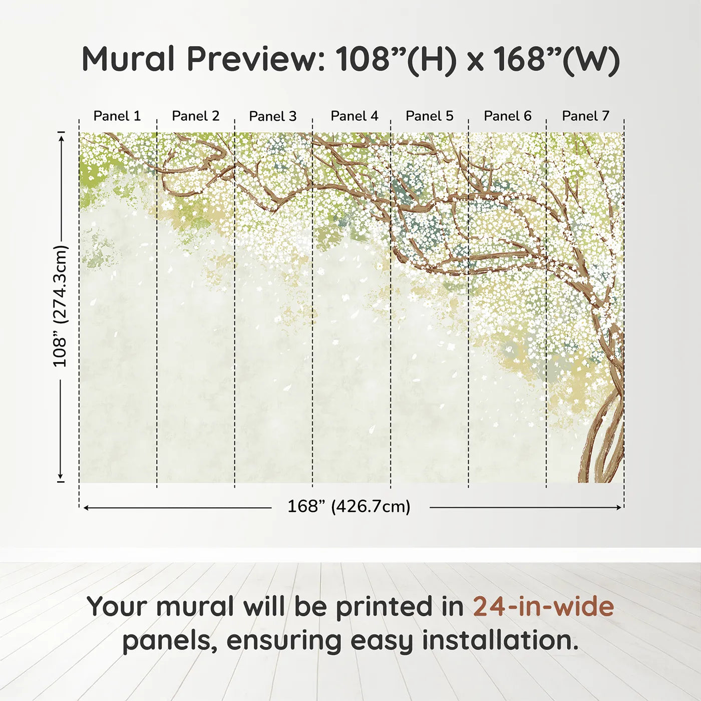 Whimsy Tots White Blossom Canopy Wall Muraldimension view (108" H x 168" W). Printed in seven 24-inch-wide panels. Gender-Neutral