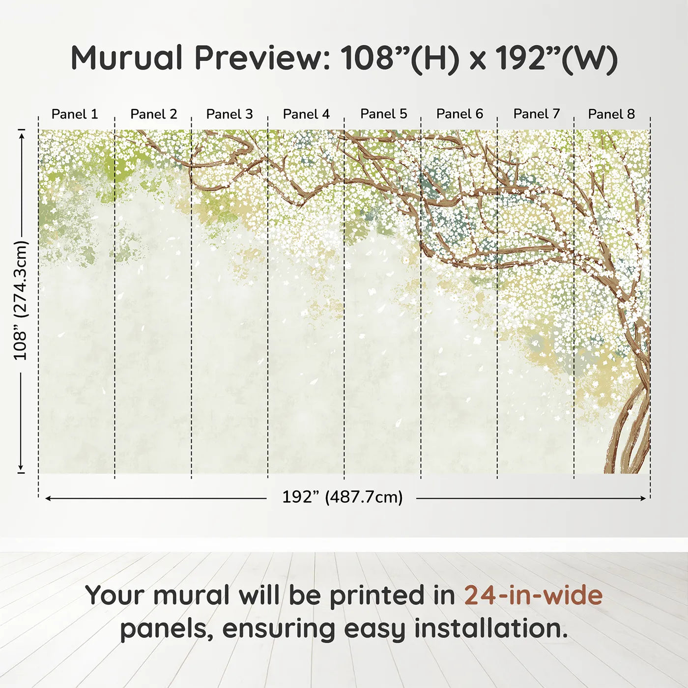 Whimsy Tots White Blossom Canopy Wall Muraldimension view (108" H x 192" W). Printed in eight 24-inch-wide panels. Gender-Neutral