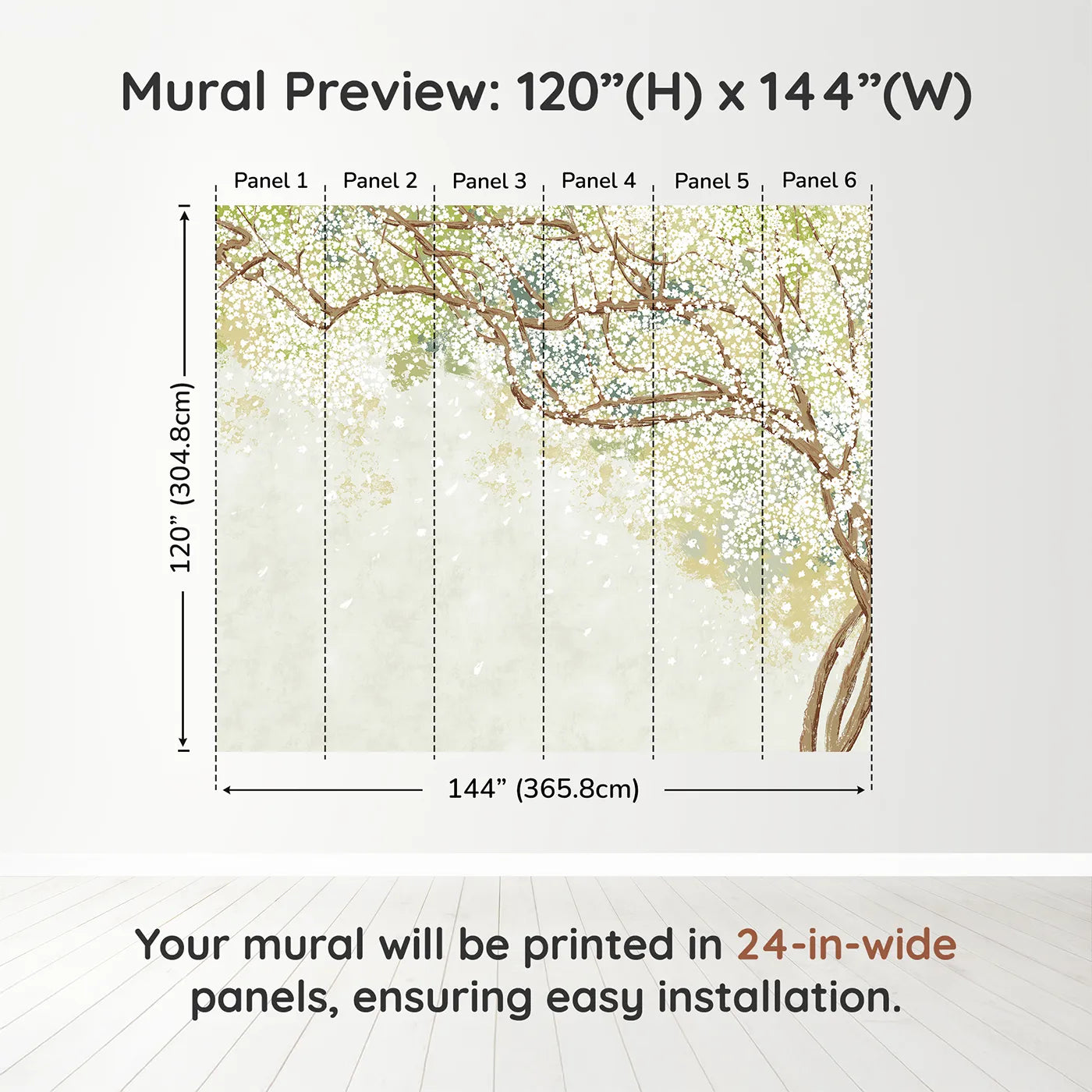Whimsy Tots White Blossom Canopy Wall Muraldimension view (120" H x 144" W). Printed in six 24-inch-wide panels. Gender-Neutral