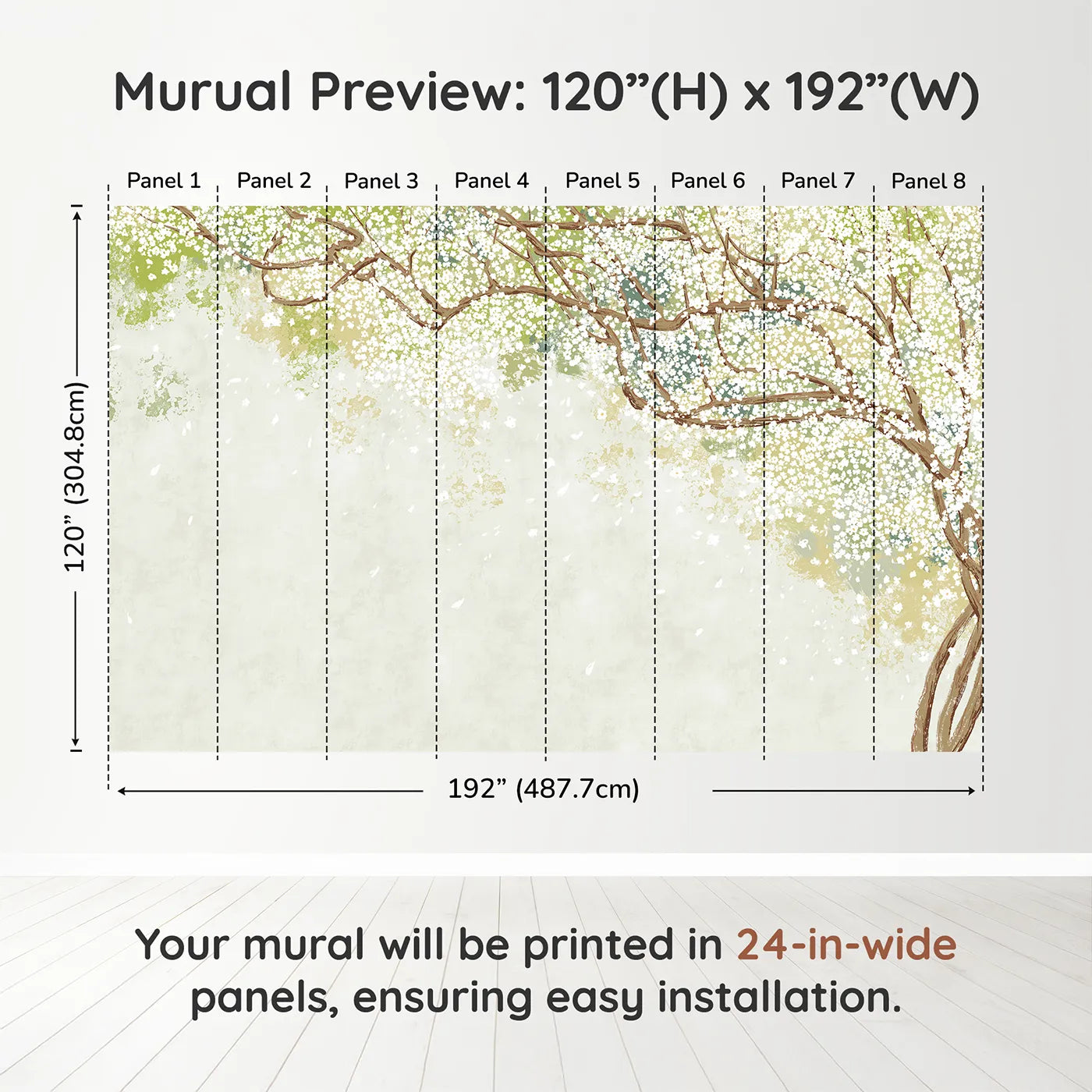 Whimsy Tots White Blossom Canopy Wall Muraldimension view (120" H x 192" W). Printed in eight 24-inch-wide panels. Gender-Neutral