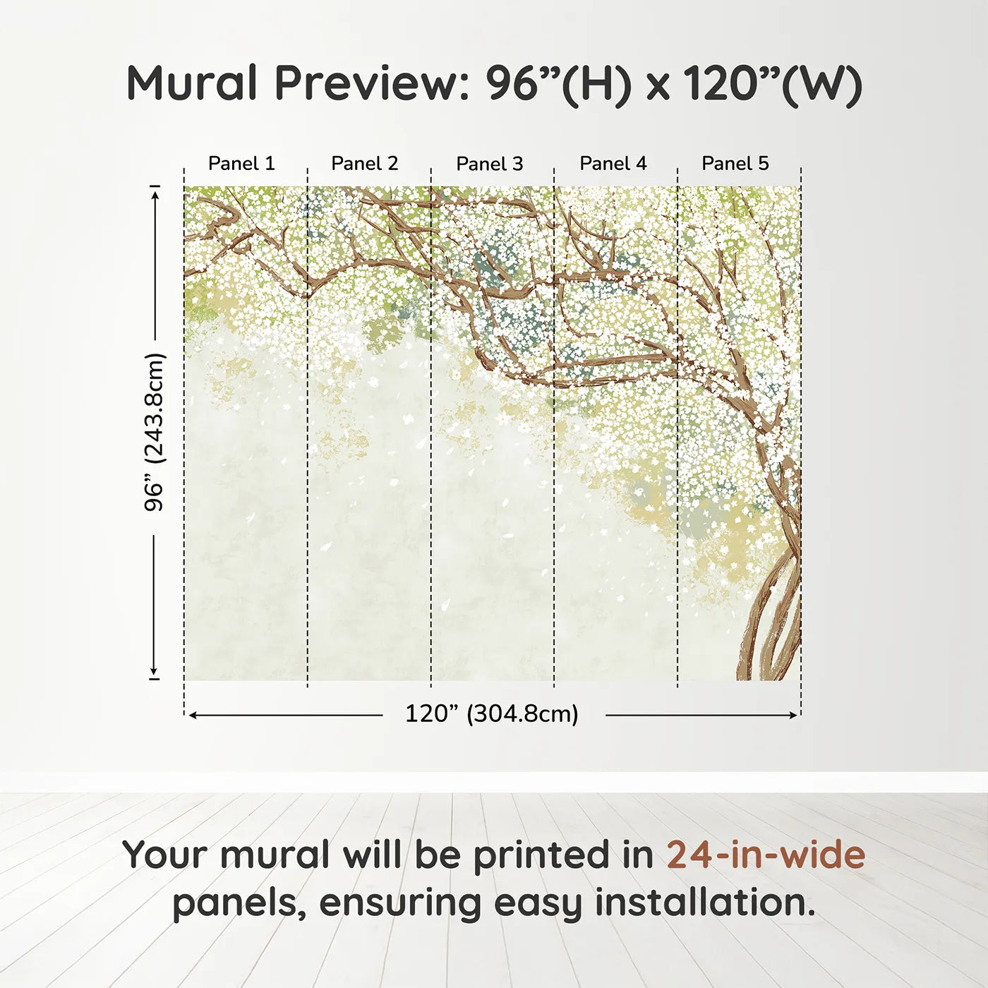 Whimsy Tots White Blossom Canopy Wall Muraldimension view (96" H x 120" W). Printed in five 24-inch-wide panels. Gender-Neutral