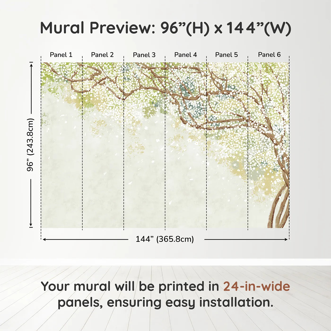 Whimsy Tots White Blossom Canopy Wall Muraldimension view (96" H x 144" W). Printed in six 24-inch-wide panels. Gender-Neutral