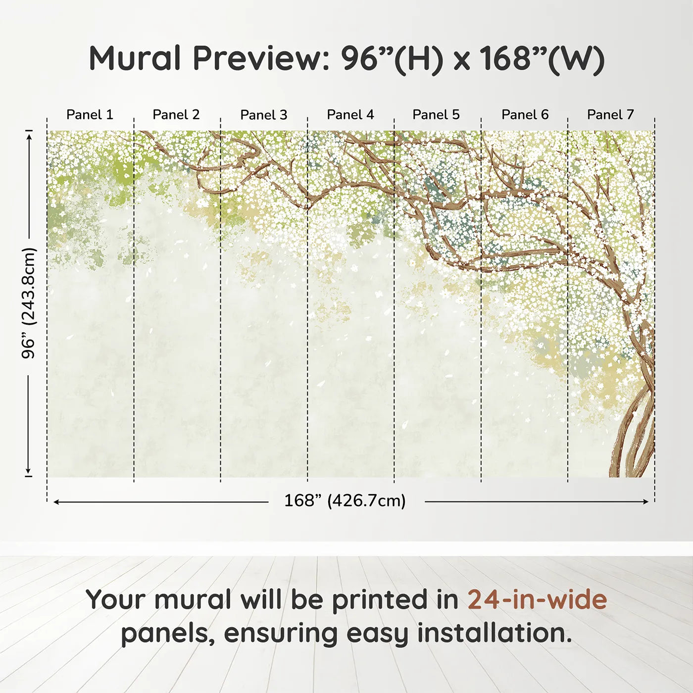 Whimsy Tots White Blossom Canopy Wall Muraldimension view (96" H x 168" W). Printed in seven 24-inch-wide panels. Gender-Neutral