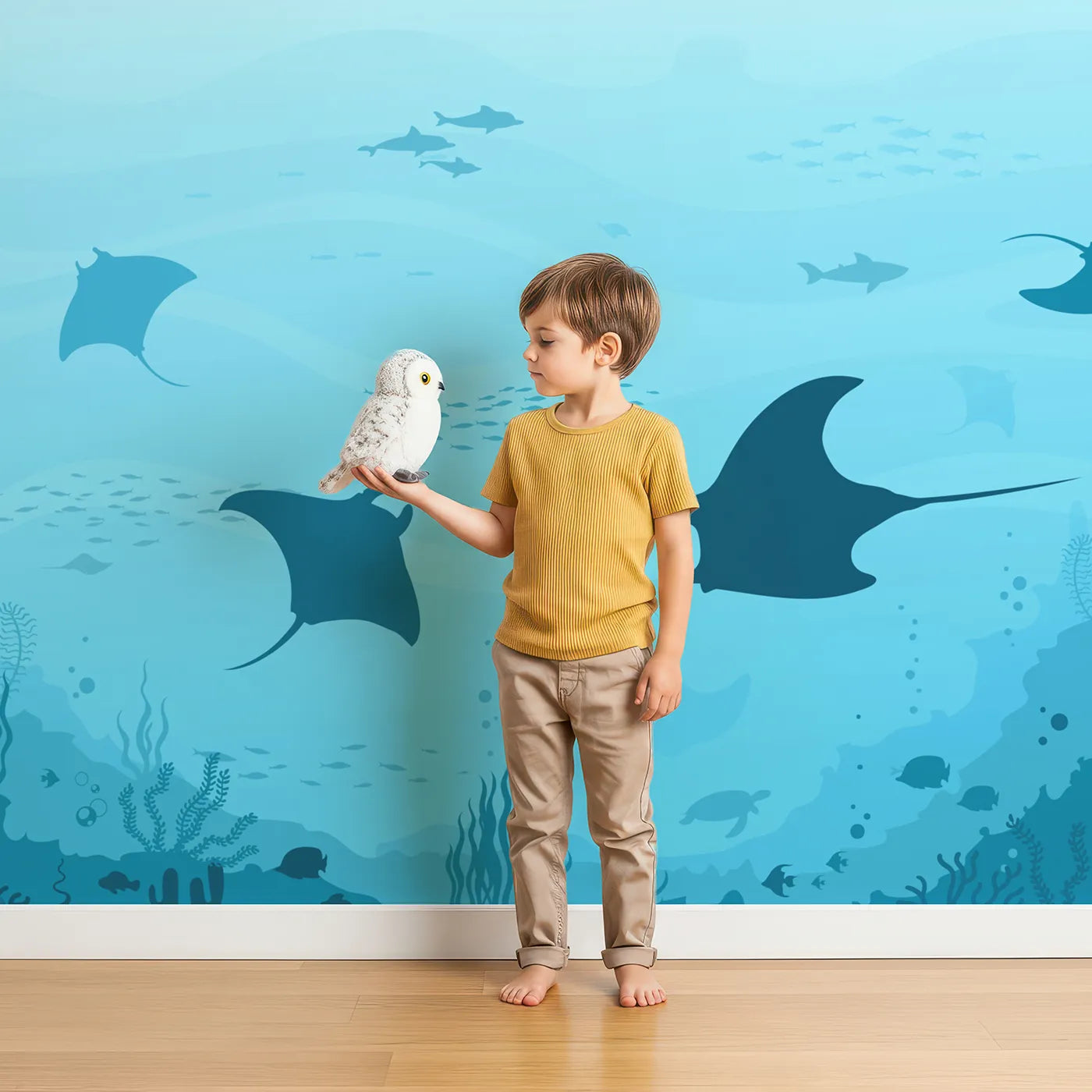 Child in front of Whimsy Tots Manta Ray Migration Wall Mural with manta ray, stingray, ocean, sea, underwater, silhouette, blue, fish in design.