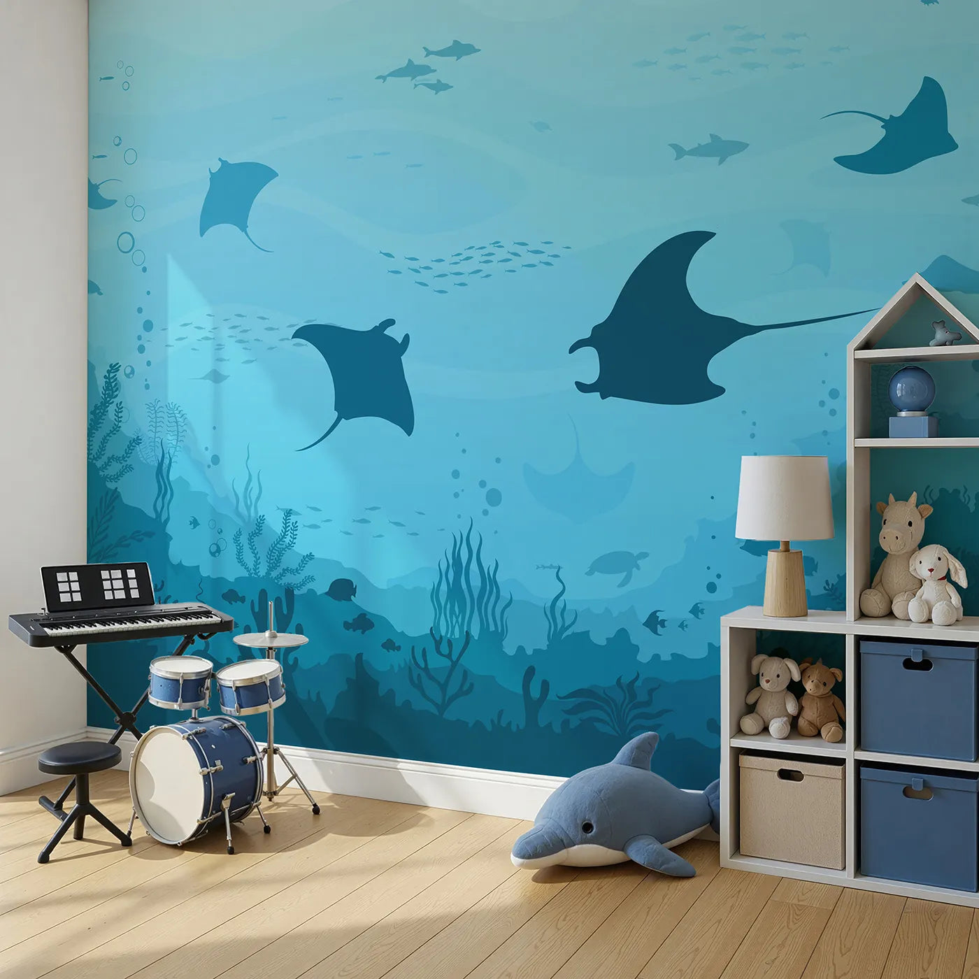 Angled view of Whimsy Tots' Manta Ray Migration Wall Mural (Turn Their Room into a Graceful Underwater Ballet).Gender-Neutral