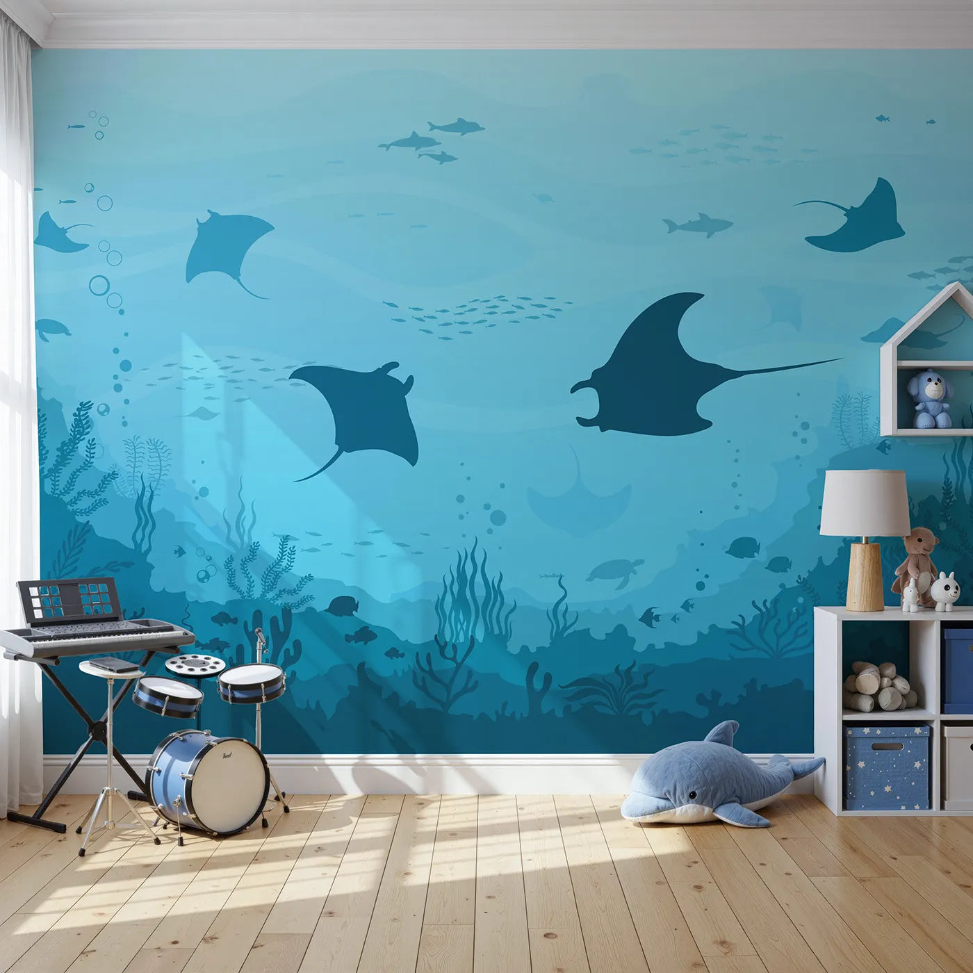 Front view of Whimsy Tots' Manta Ray Migration Wall Mural