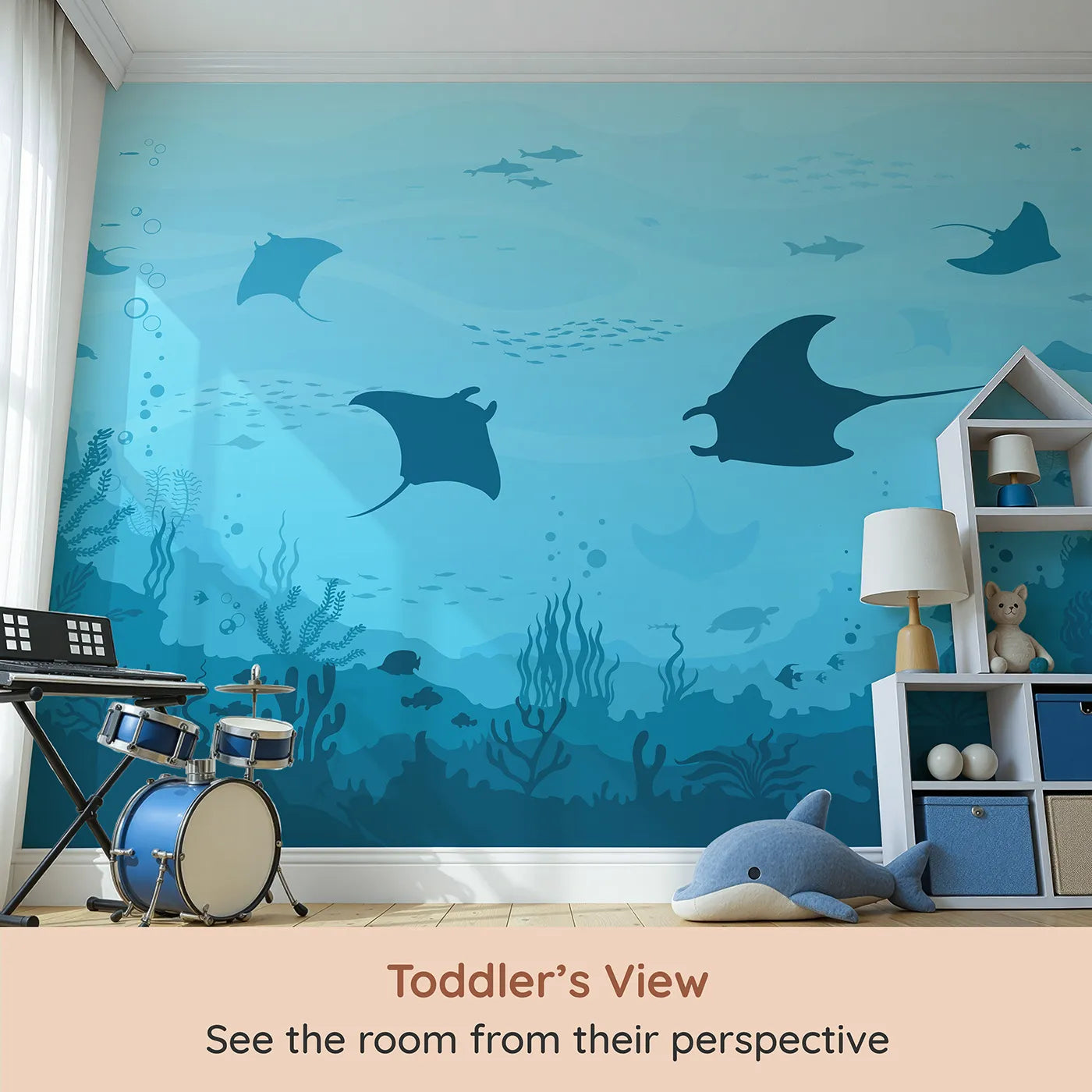 Whimsy Tots Manta Ray Migration Wall Mural (Turn Their Room into a Graceful Underwater Ballet) from your child's view.Gender-Neutral