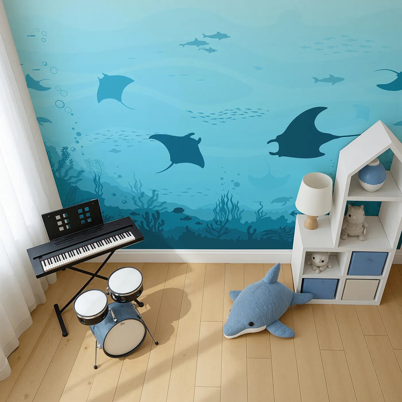 Top-down view of Whimsy Tots' Manta Ray Migration Wall Mural (Turn Their Room into a Graceful Underwater Ballet).Gender-Neutral