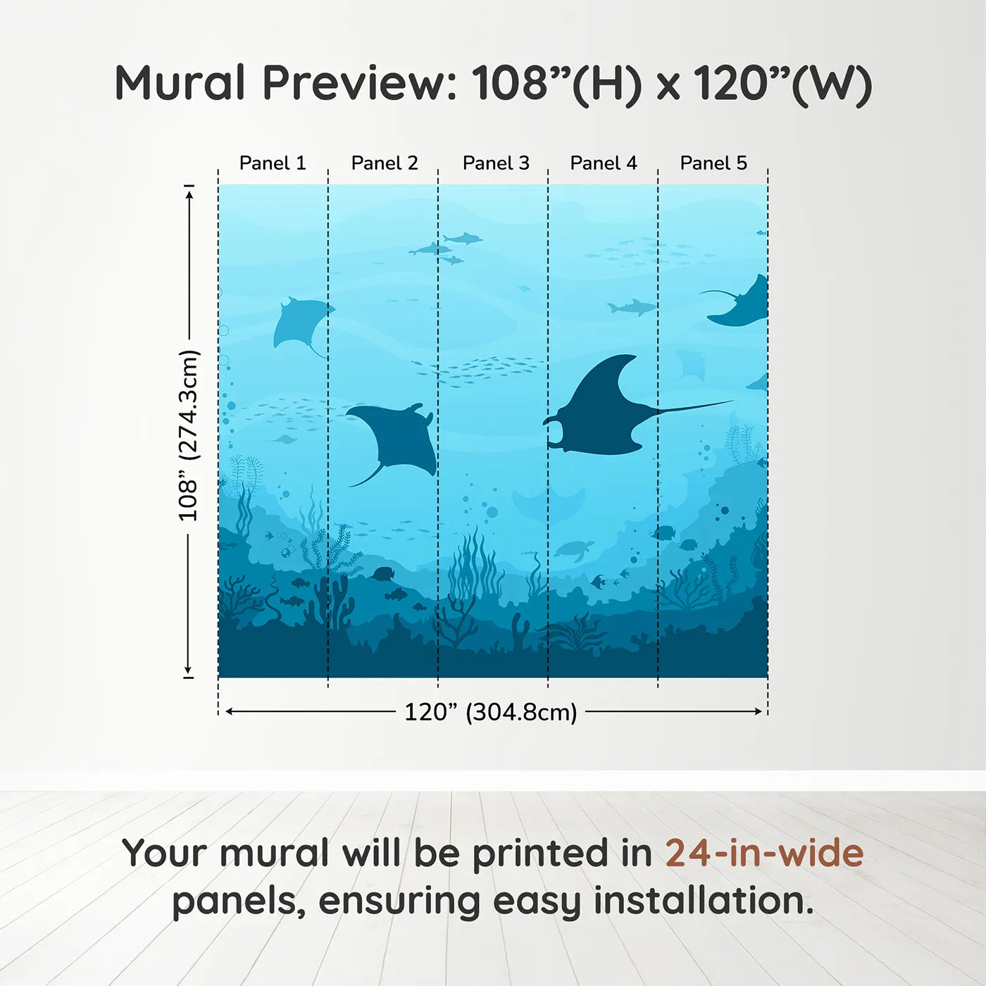 Whimsy Tots Manta Ray Migration Wall Muraldimension view (108" H x 120" W). Printed in five 24-inch-wide panels. Gender-Neutral