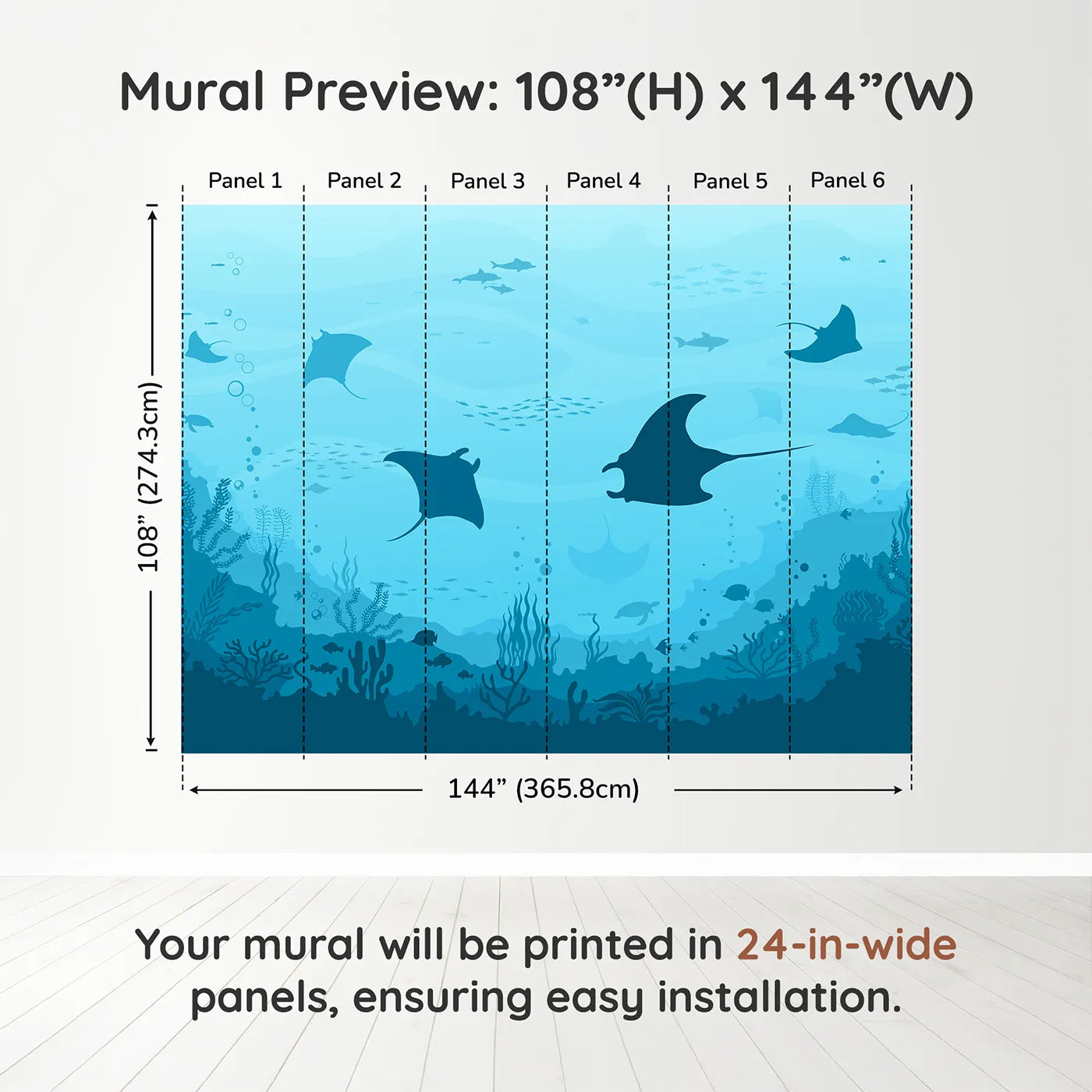 Whimsy Tots Manta Ray Migration Wall Muraldimension view (108" H x 144" W). Printed in six 24-inch-wide panels. Gender-Neutral