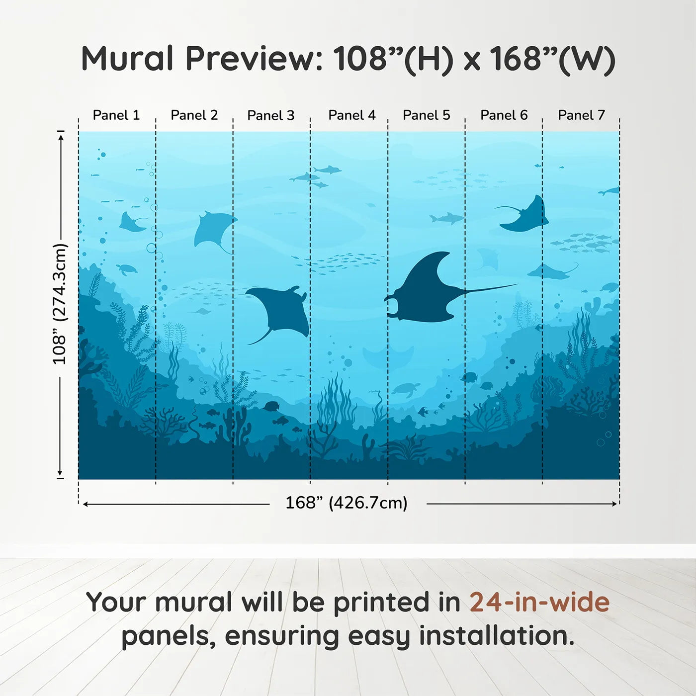 Whimsy Tots Manta Ray Migration Wall Muraldimension view (108" H x 168" W). Printed in seven 24-inch-wide panels. Gender-Neutral