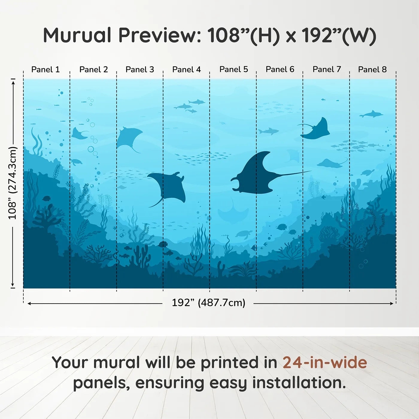 Whimsy Tots Manta Ray Migration Wall Muraldimension view (108" H x 192" W). Printed in eight 24-inch-wide panels. Gender-Neutral