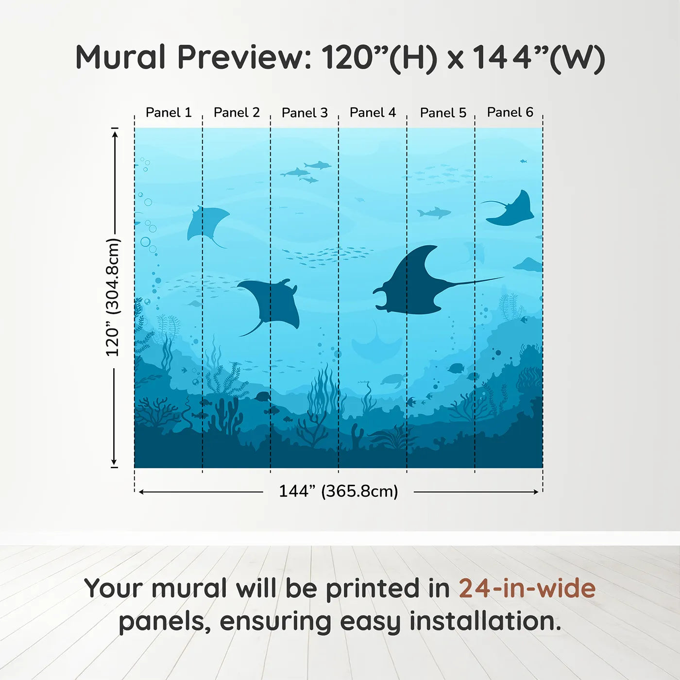 Whimsy Tots Manta Ray Migration Wall Muraldimension view (120" H x 144" W). Printed in six 24-inch-wide panels. Gender-Neutral