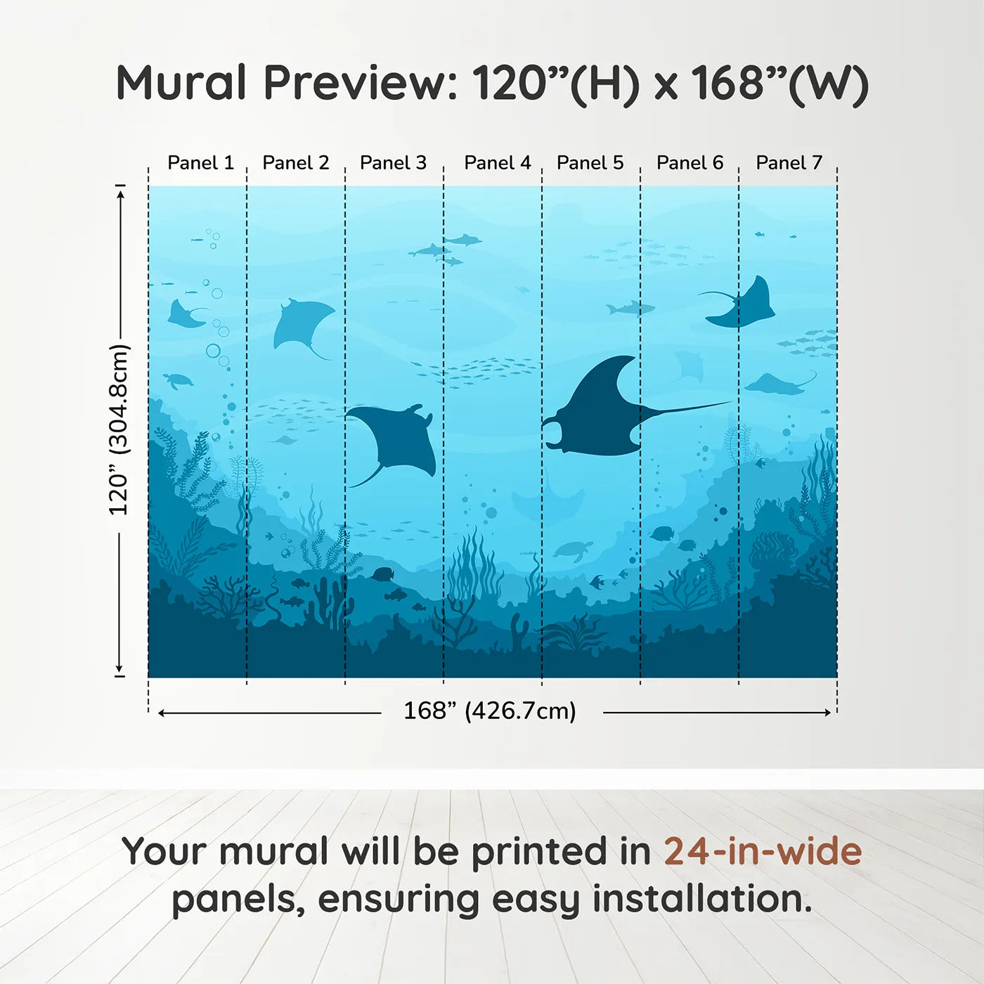 Whimsy Tots Manta Ray Migration Wall Muraldimension view (120" H x 168" W). Printed in seven 24-inch-wide panels. Gender-Neutral