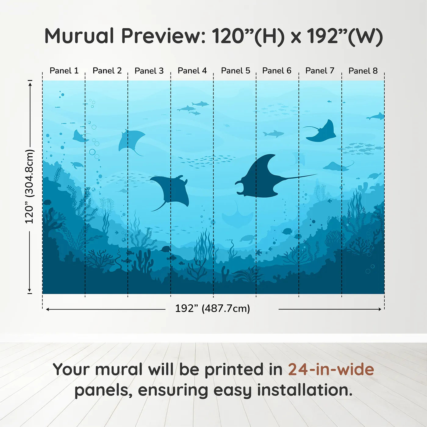 Whimsy Tots Manta Ray Migration Wall Muraldimension view (120" H x 192" W). Printed in eight 24-inch-wide panels. Gender-Neutral