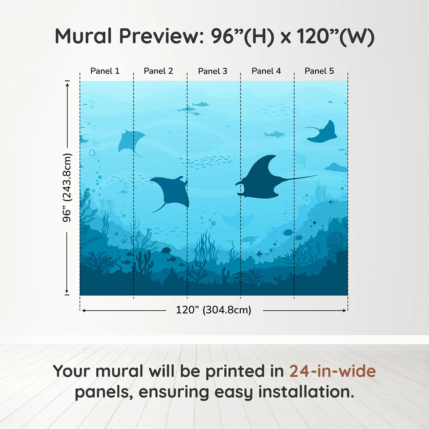Whimsy Tots Manta Ray Migration Wall Muraldimension view (96" H x 120" W). Printed in five 24-inch-wide panels. Gender-Neutral
