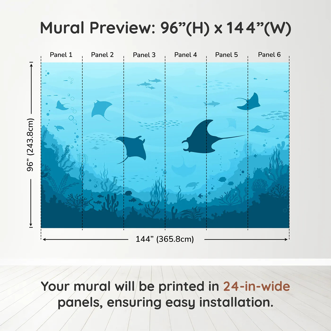 Whimsy Tots Manta Ray Migration Wall Muraldimension view (96" H x 144" W). Printed in six 24-inch-wide panels. Gender-Neutral