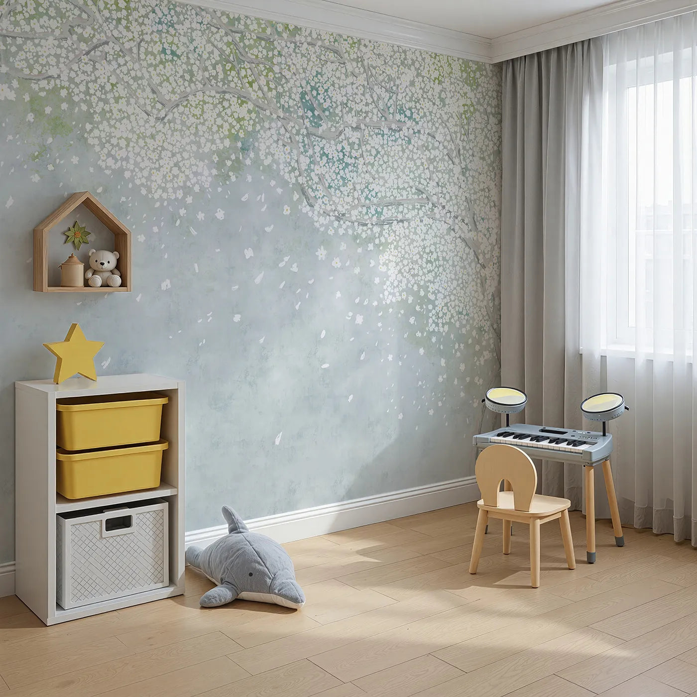 Angled view of Whimsy Tots' White Blossom Sky Wall Mural (Turn Their Room into a Dream of Falling Petals).Gender-Neutral