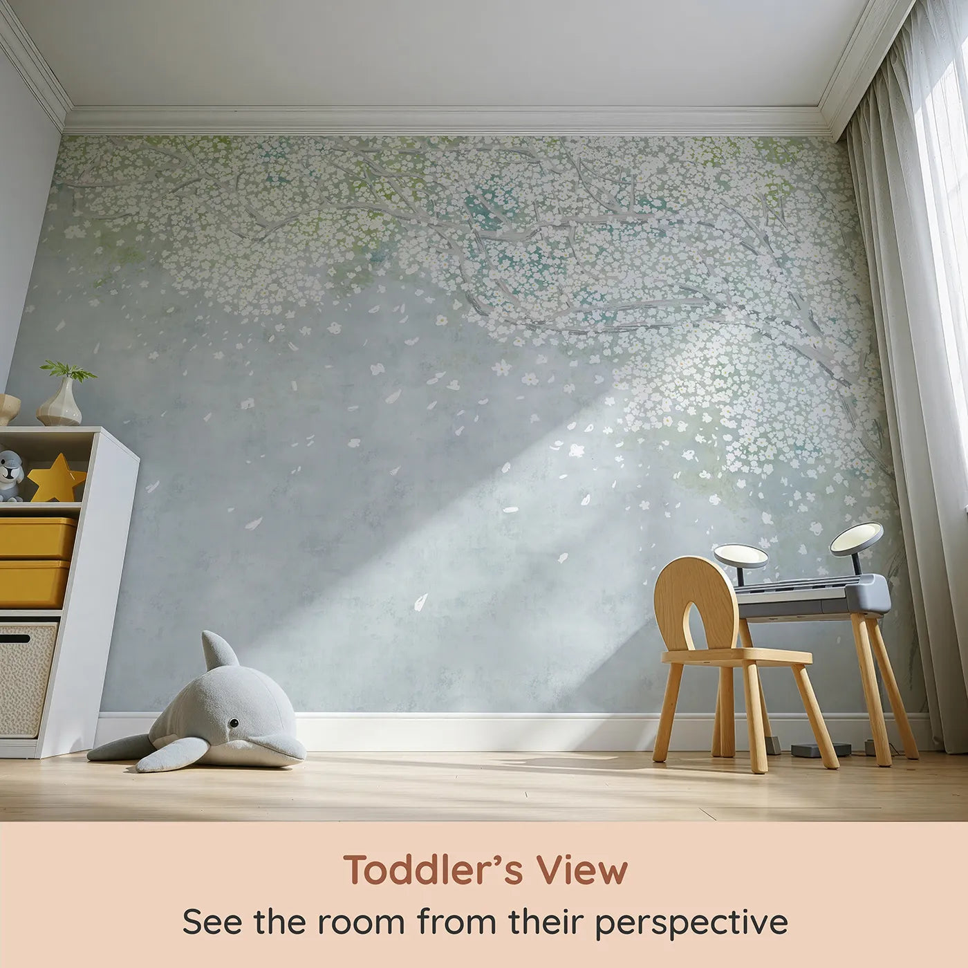 Whimsy Tots White Blossom Sky Wall Mural (Turn Their Room into a Dream of Falling Petals) from your child's view.Gender-Neutral