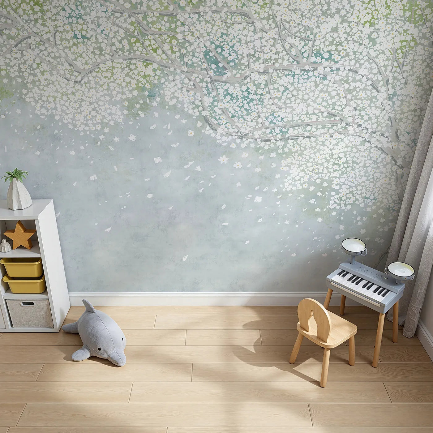 Top-down view of Whimsy Tots' White Blossom Sky Wall Mural (Turn Their Room into a Dream of Falling Petals).Gender-Neutral