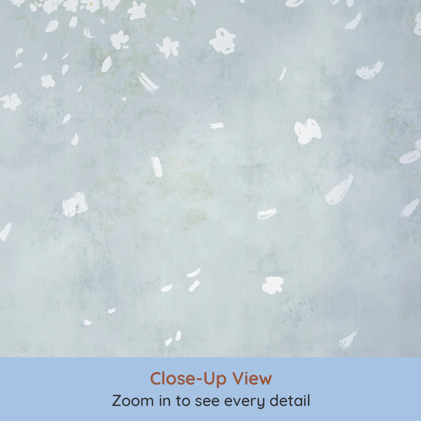 Close-up view of Whimsy Tots' White Blossom Sky Wall Mural (Turn Their Room into a Dream of Falling Petals).Gender-Neutral