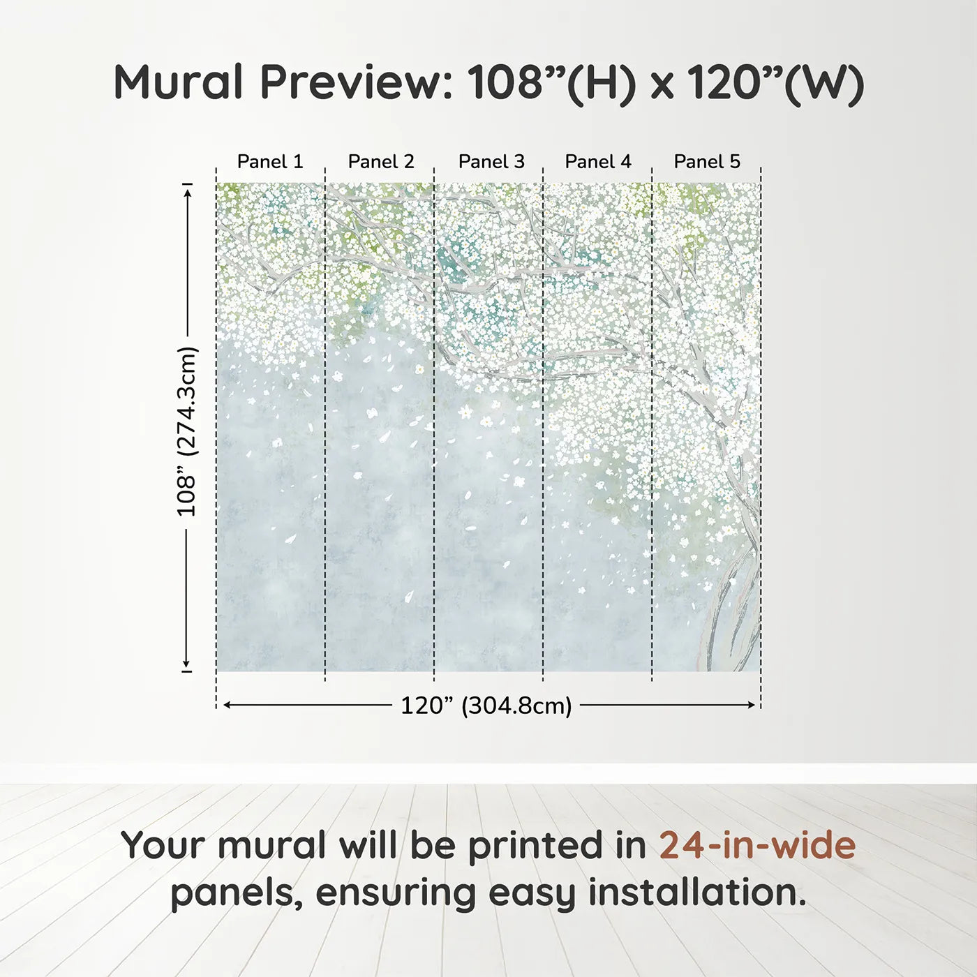 Whimsy Tots White Blossom Sky Wall Muraldimension view (108" H x 120" W). Printed in five 24-inch-wide panels. Gender-Neutral