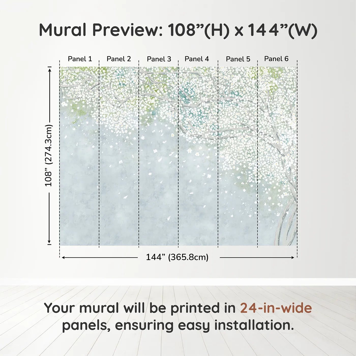 Whimsy Tots White Blossom Sky Wall Muraldimension view (108" H x 144" W). Printed in six 24-inch-wide panels. Gender-Neutral