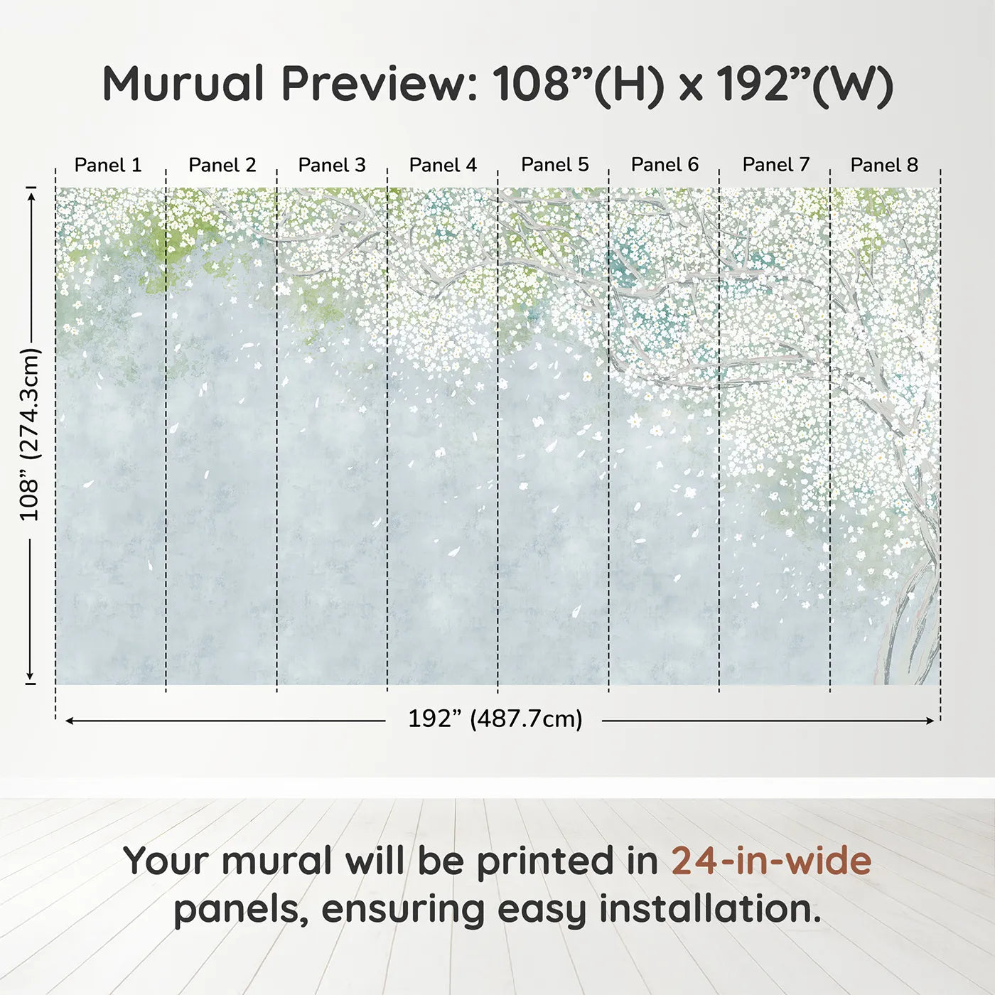 Whimsy Tots White Blossom Sky Wall Muraldimension view (108" H x 192" W). Printed in eight 24-inch-wide panels. Gender-Neutral