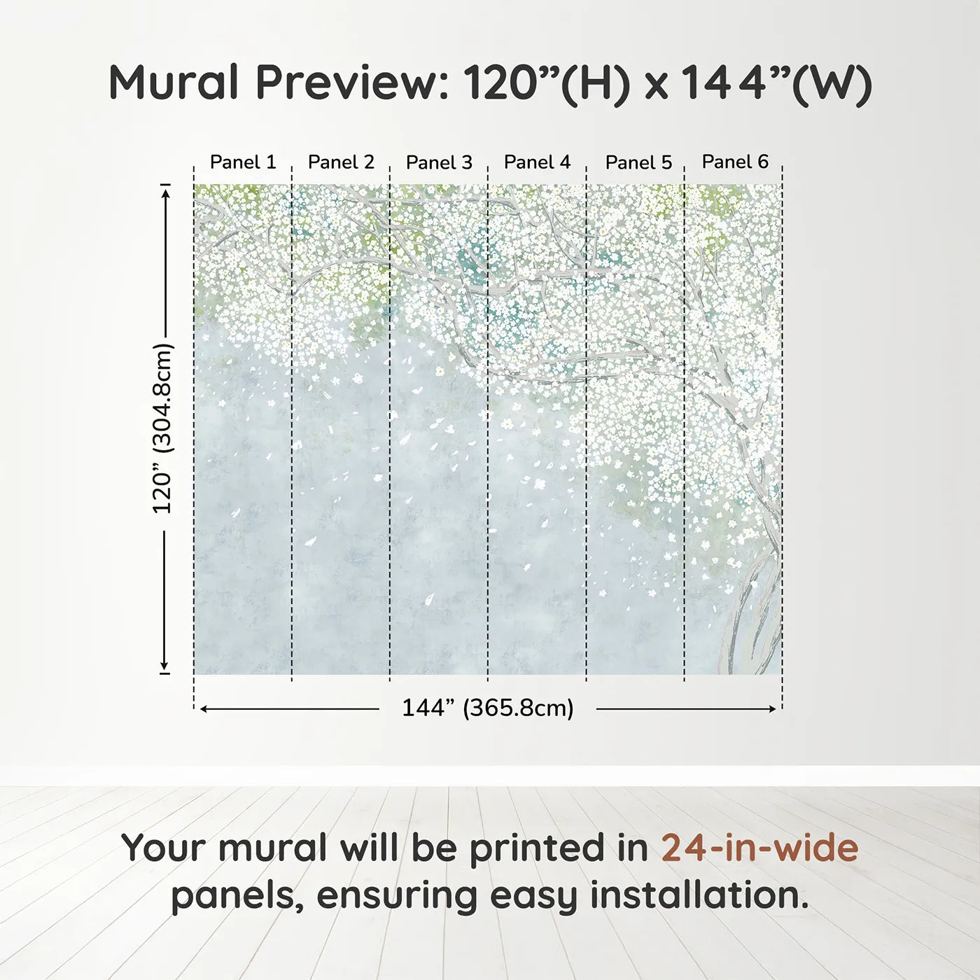 Whimsy Tots White Blossom Sky Wall Muraldimension view (120" H x 144" W). Printed in six 24-inch-wide panels. Gender-Neutral
