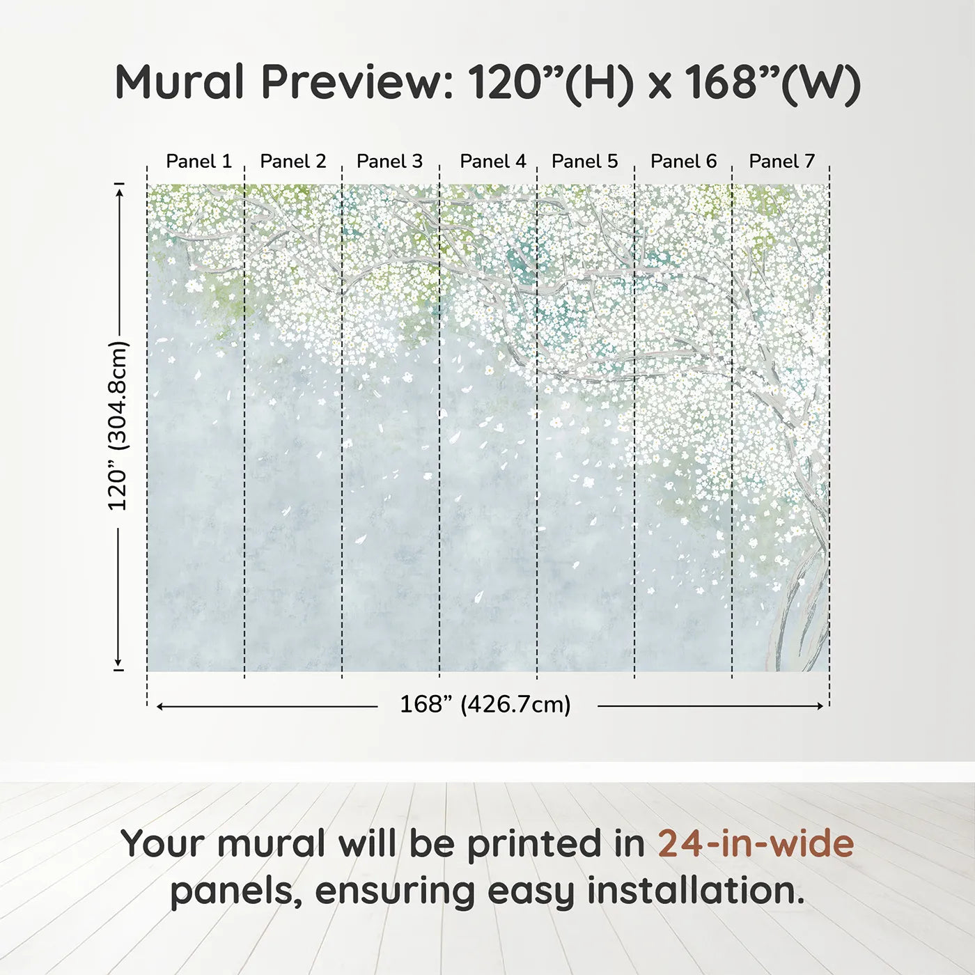 Whimsy Tots White Blossom Sky Wall Muraldimension view (120" H x 168" W). Printed in seven 24-inch-wide panels. Gender-Neutral