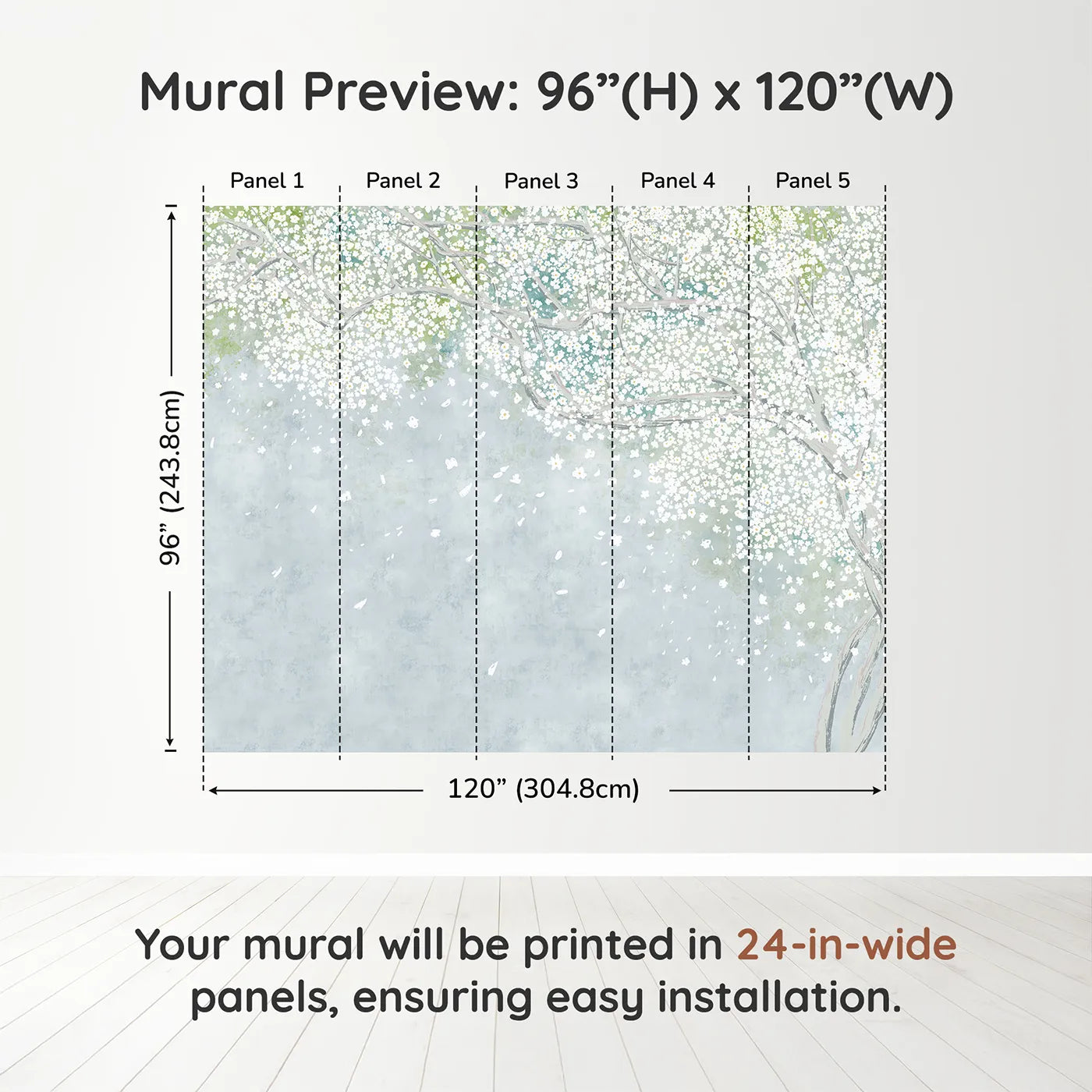 Whimsy Tots White Blossom Sky Wall Muraldimension view (96" H x 120" W). Printed in five 24-inch-wide panels. Gender-Neutral