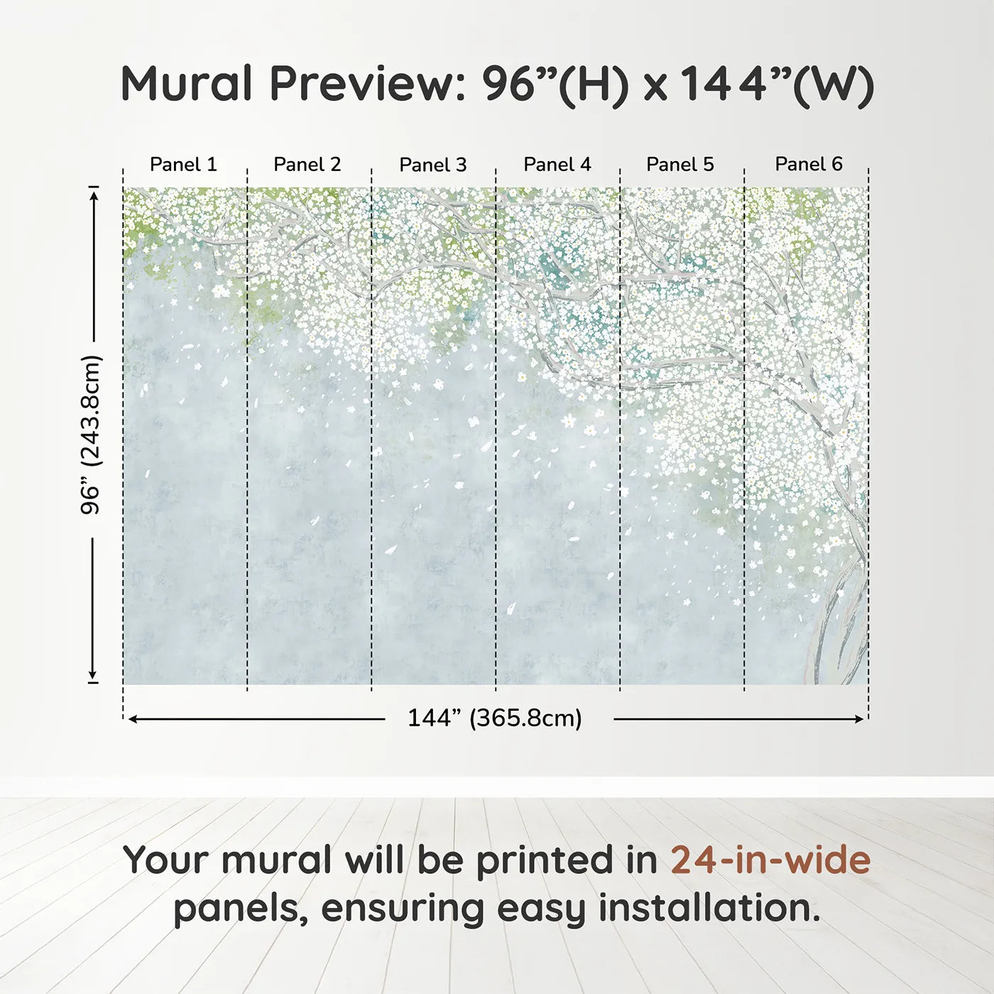 Whimsy Tots White Blossom Sky Wall Muraldimension view (96" H x 144" W). Printed in six 24-inch-wide panels. Gender-Neutral