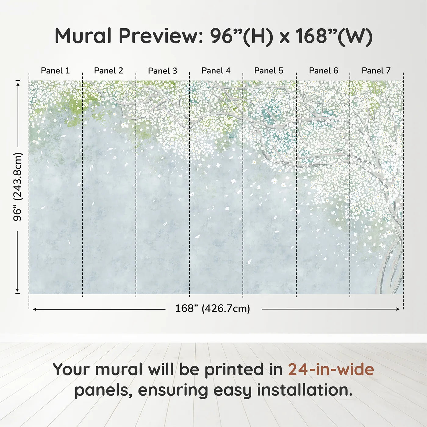 Whimsy Tots White Blossom Sky Wall Muraldimension view (96" H x 168" W). Printed in seven 24-inch-wide panels. Gender-Neutral