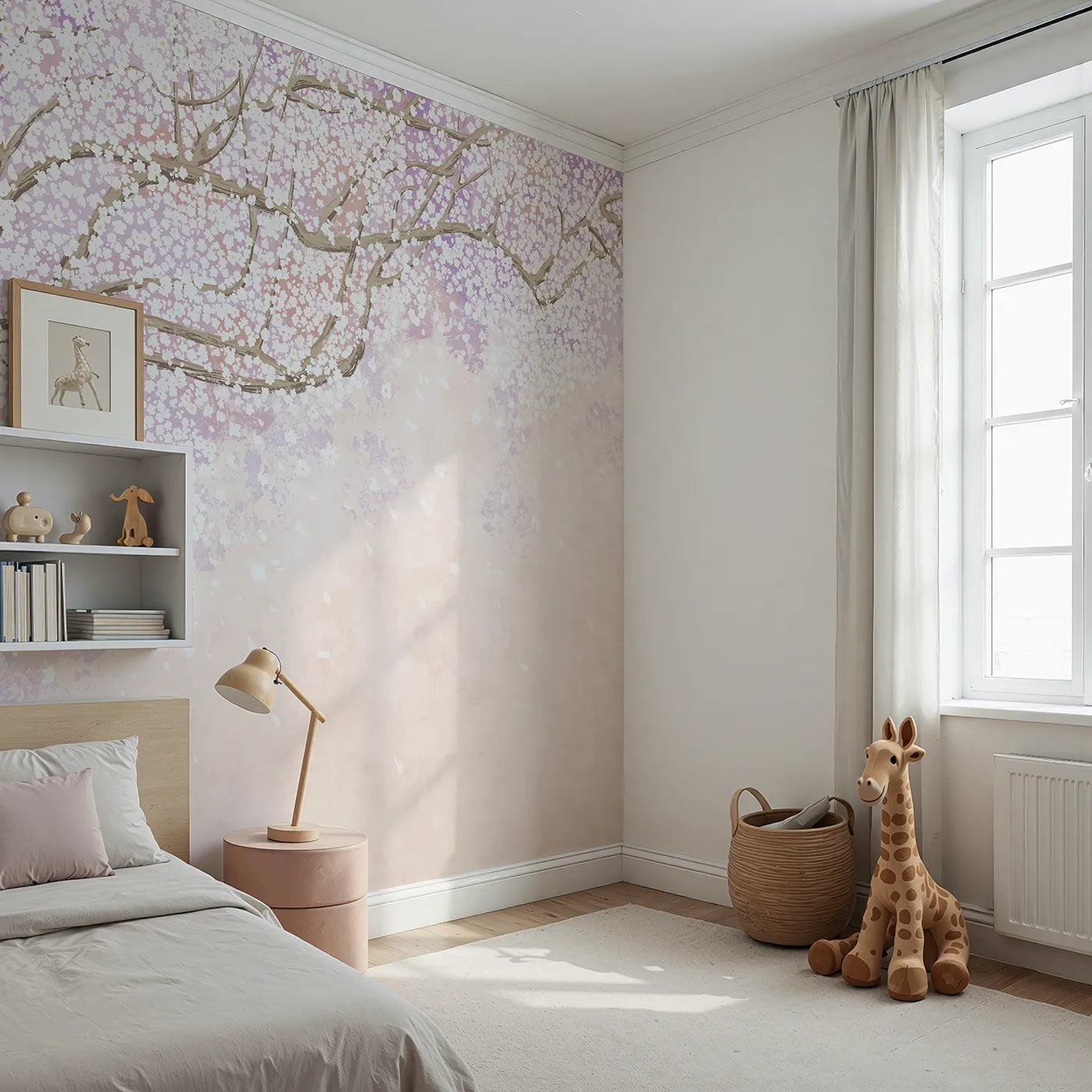 Angled view of Whimsy Tots' Purple Blossom Dream Wall Mural (Turn Their Room into a Cloud of Purple Petals).Best for Girls