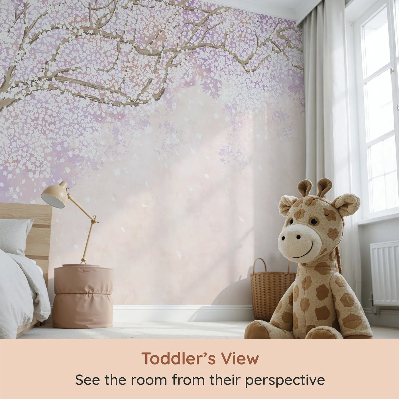 Whimsy Tots Purple Blossom Dream Wall Mural (Turn Their Room into a Cloud of Purple Petals) from your child's view.Best for Girls