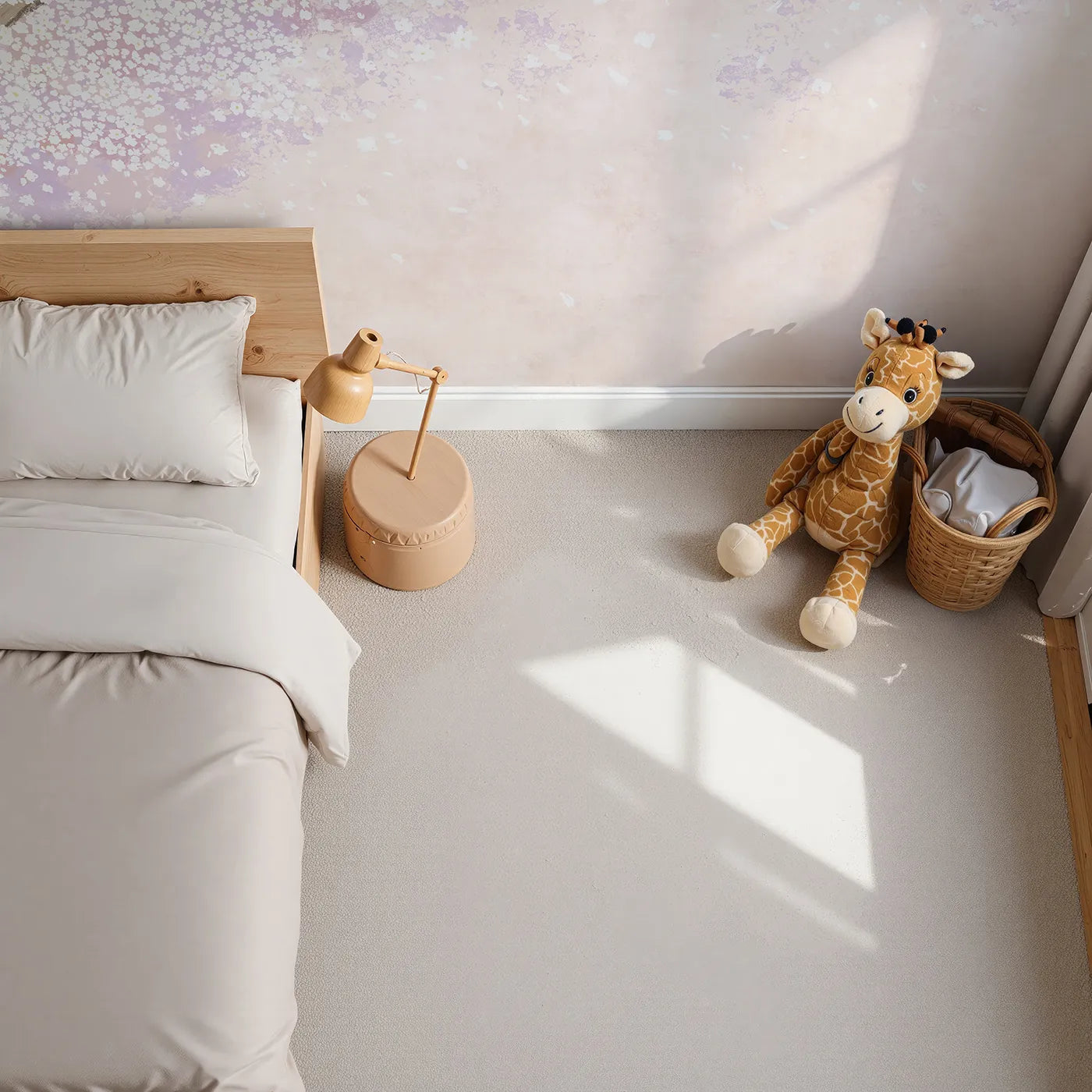 Top-down view of Whimsy Tots' Purple Blossom Dream Wall Mural (Turn Their Room into a Cloud of Purple Petals).Best for Girls