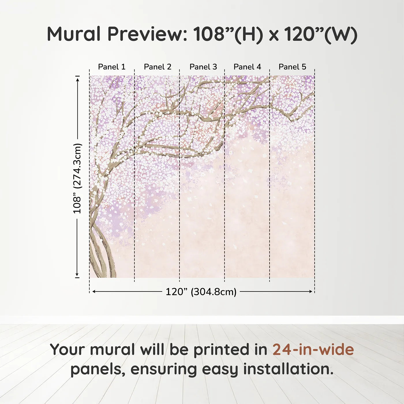 Whimsy Tots Purple Blossom Dream Wall Muraldimension view (108" H x 120" W). Printed in five 24-inch-wide panels. Best for Girls