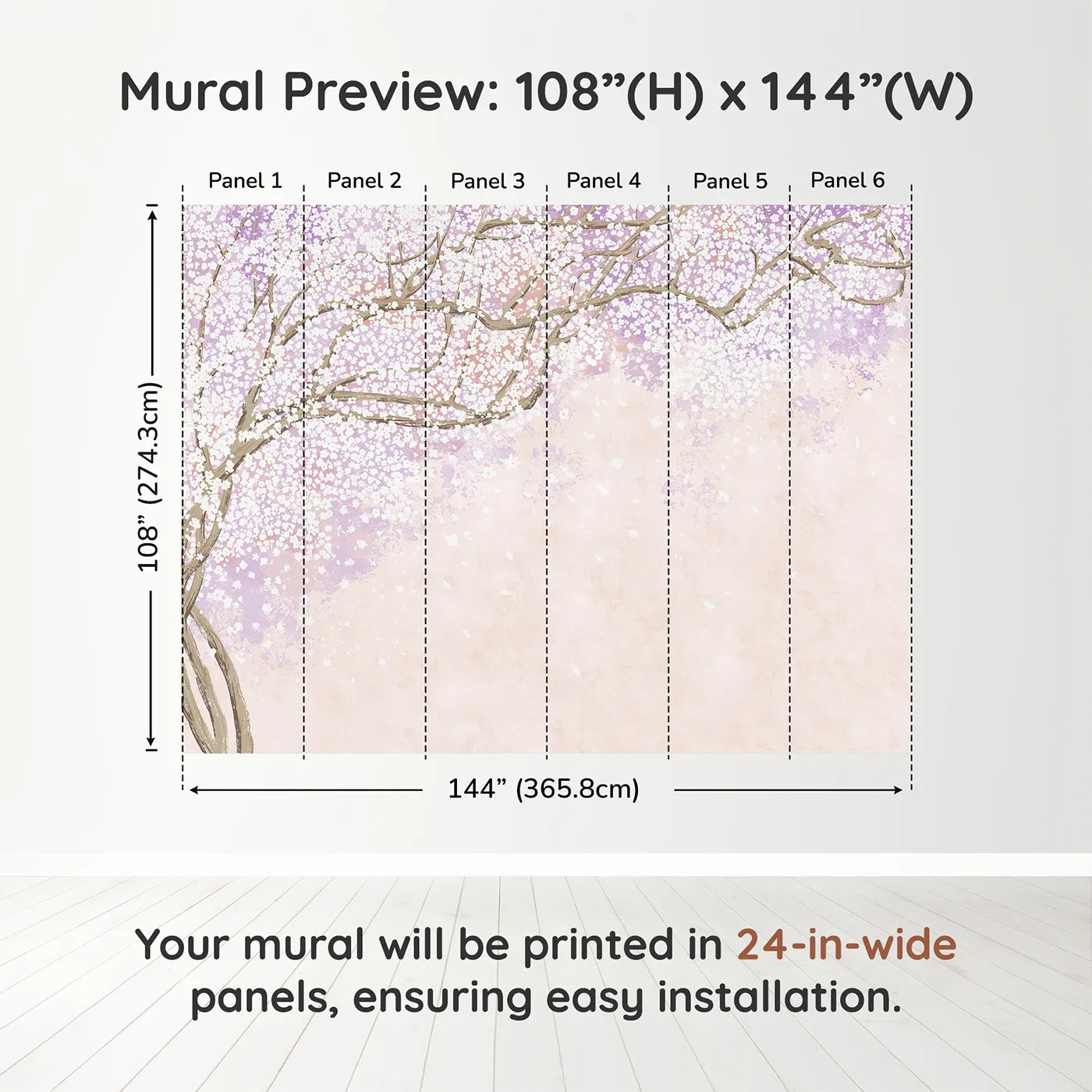 Whimsy Tots Purple Blossom Dream Wall Muraldimension view (108" H x 144" W). Printed in six 24-inch-wide panels. Best for Girls