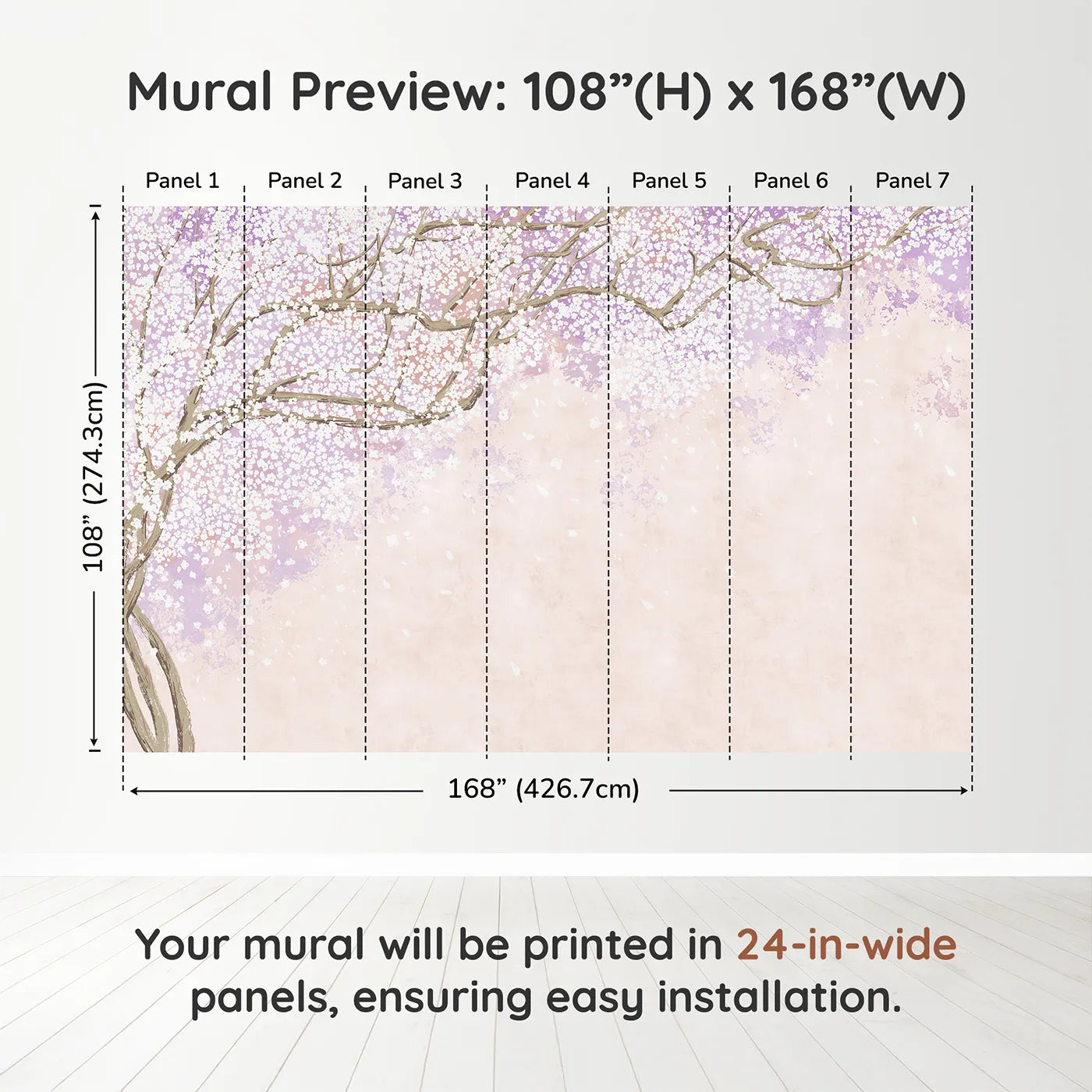 Whimsy Tots Purple Blossom Dream Wall Muraldimension view (108" H x 168" W). Printed in seven 24-inch-wide panels. Best for Girls