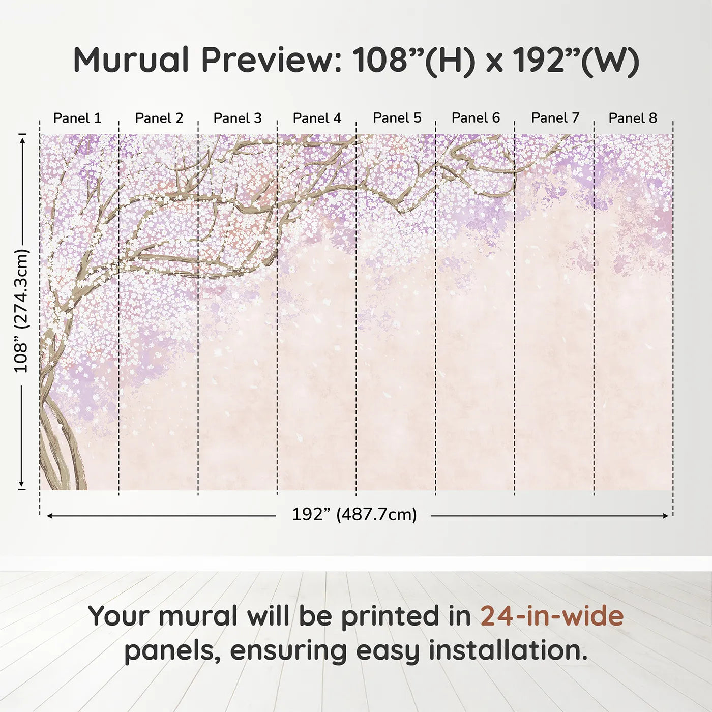 Whimsy Tots Purple Blossom Dream Wall Muraldimension view (108" H x 192" W). Printed in eight 24-inch-wide panels. Best for Girls