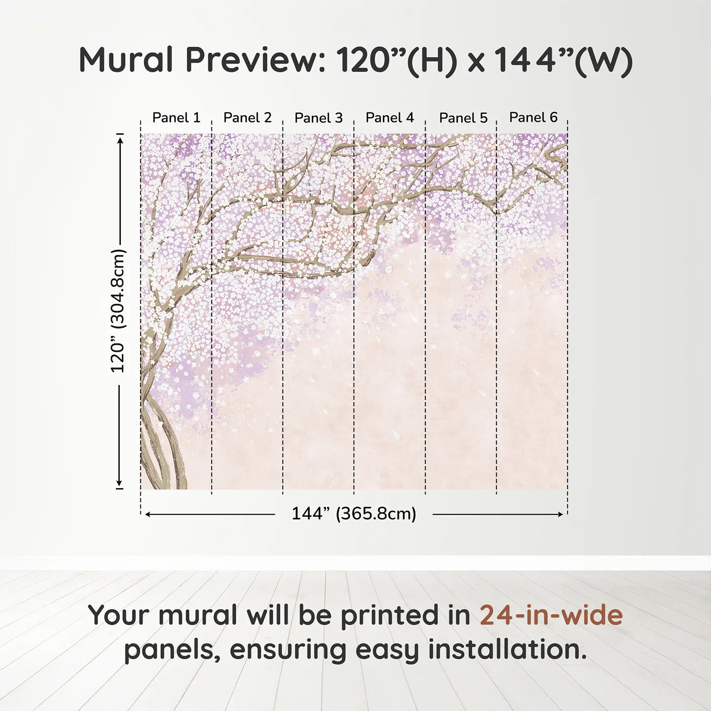 Whimsy Tots Purple Blossom Dream Wall Muraldimension view (120" H x 144" W). Printed in six 24-inch-wide panels. Best for Girls