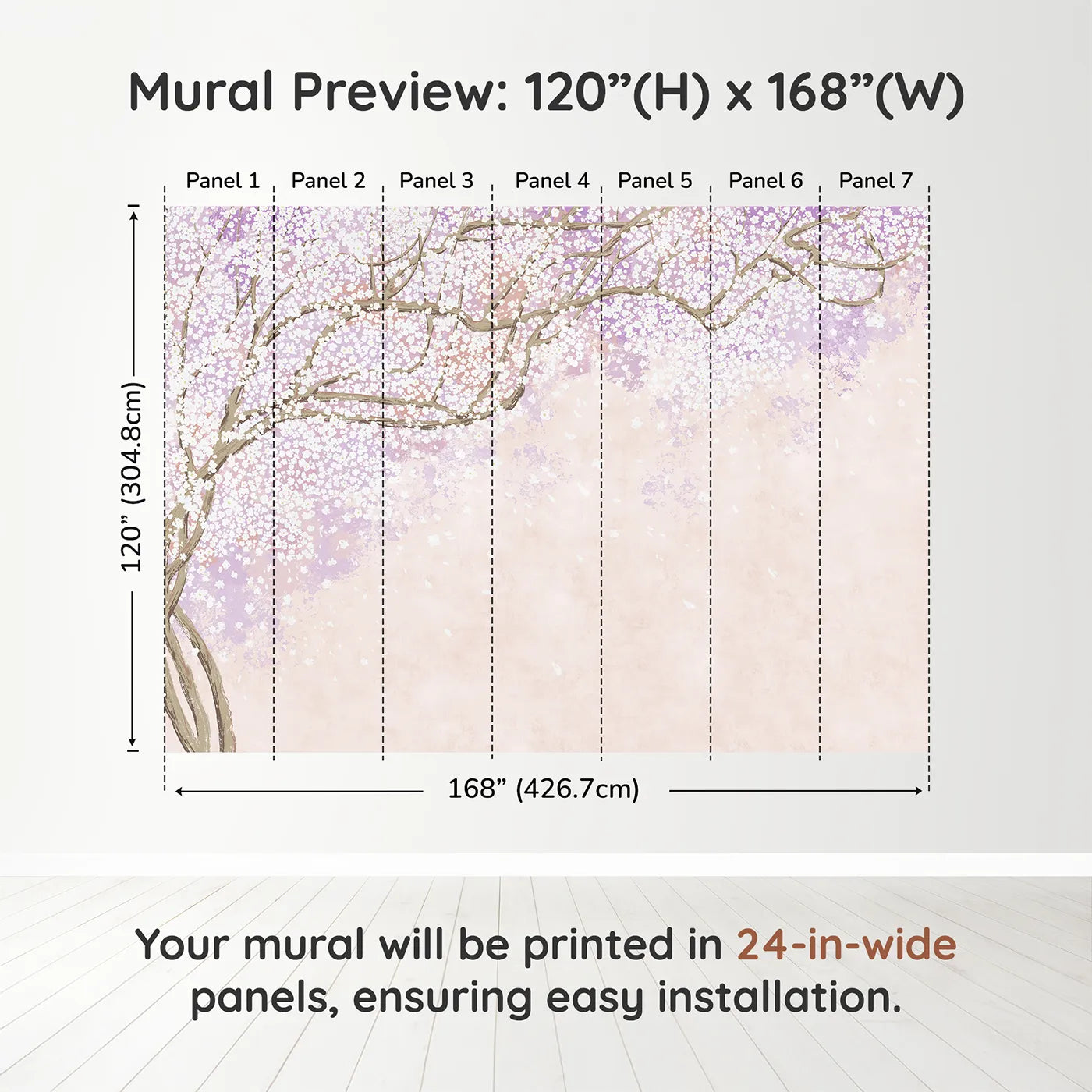 Whimsy Tots Purple Blossom Dream Wall Muraldimension view (120" H x 168" W). Printed in seven 24-inch-wide panels. Best for Girls