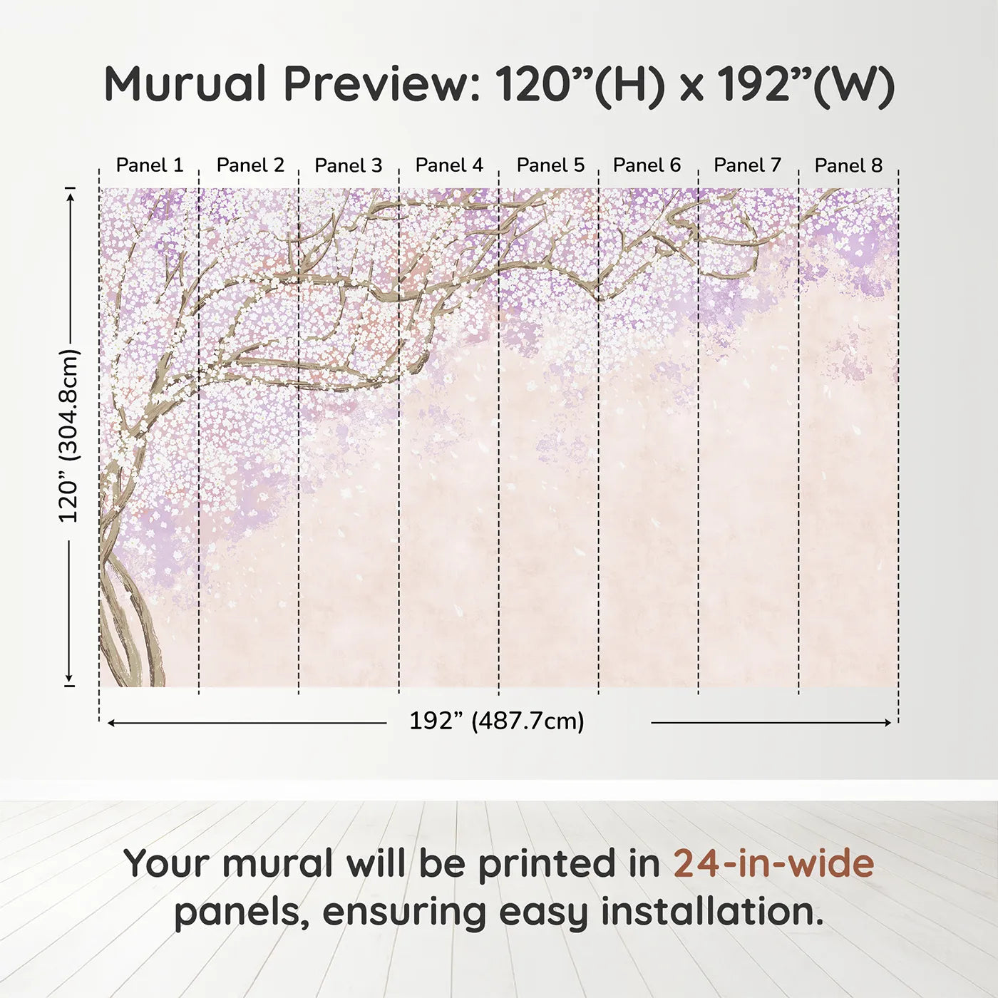 Whimsy Tots Purple Blossom Dream Wall Muraldimension view (120" H x 192" W). Printed in eight 24-inch-wide panels. Best for Girls