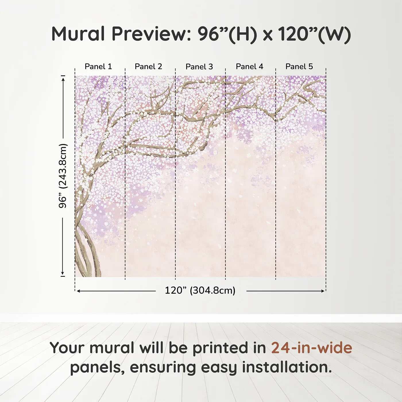 Whimsy Tots Purple Blossom Dream Wall Muraldimension view (96" H x 120" W). Printed in five 24-inch-wide panels. Best for Girls