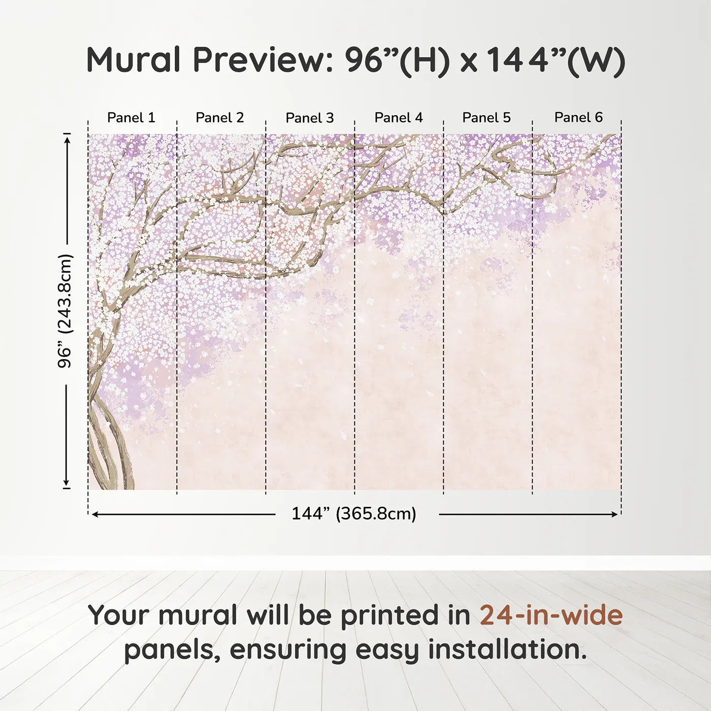 Whimsy Tots Purple Blossom Dream Wall Muraldimension view (96" H x 144" W). Printed in six 24-inch-wide panels. Best for Girls