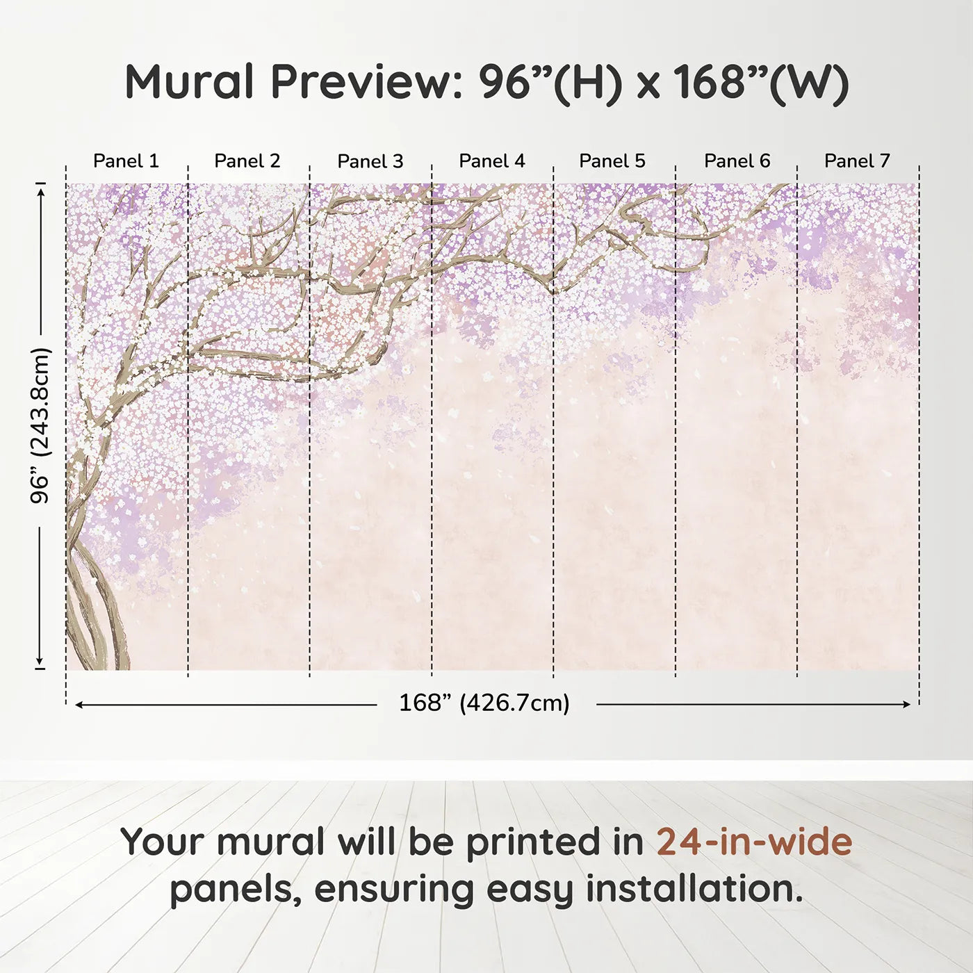 Whimsy Tots Purple Blossom Dream Wall Muraldimension view (96" H x 168" W). Printed in seven 24-inch-wide panels. Best for Girls