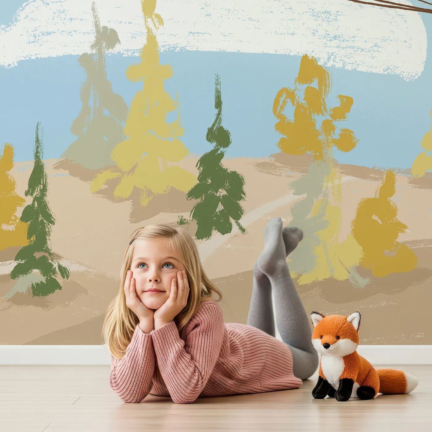 Child in front of Whimsy Tots Butterfly Balloon Ride Wall Mural with butterfly, otter, rabbit, flying, autumn, whimsical, animal, cute in design.