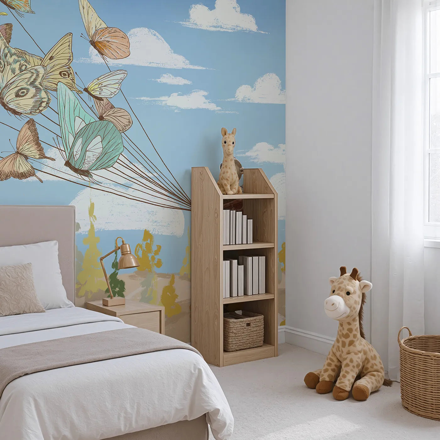 Angled view of Whimsy Tots' Butterfly Balloon Ride Wall Mural (Turn Their Room into a Whimsical, High-Flying Adventure).Gender-Neutral